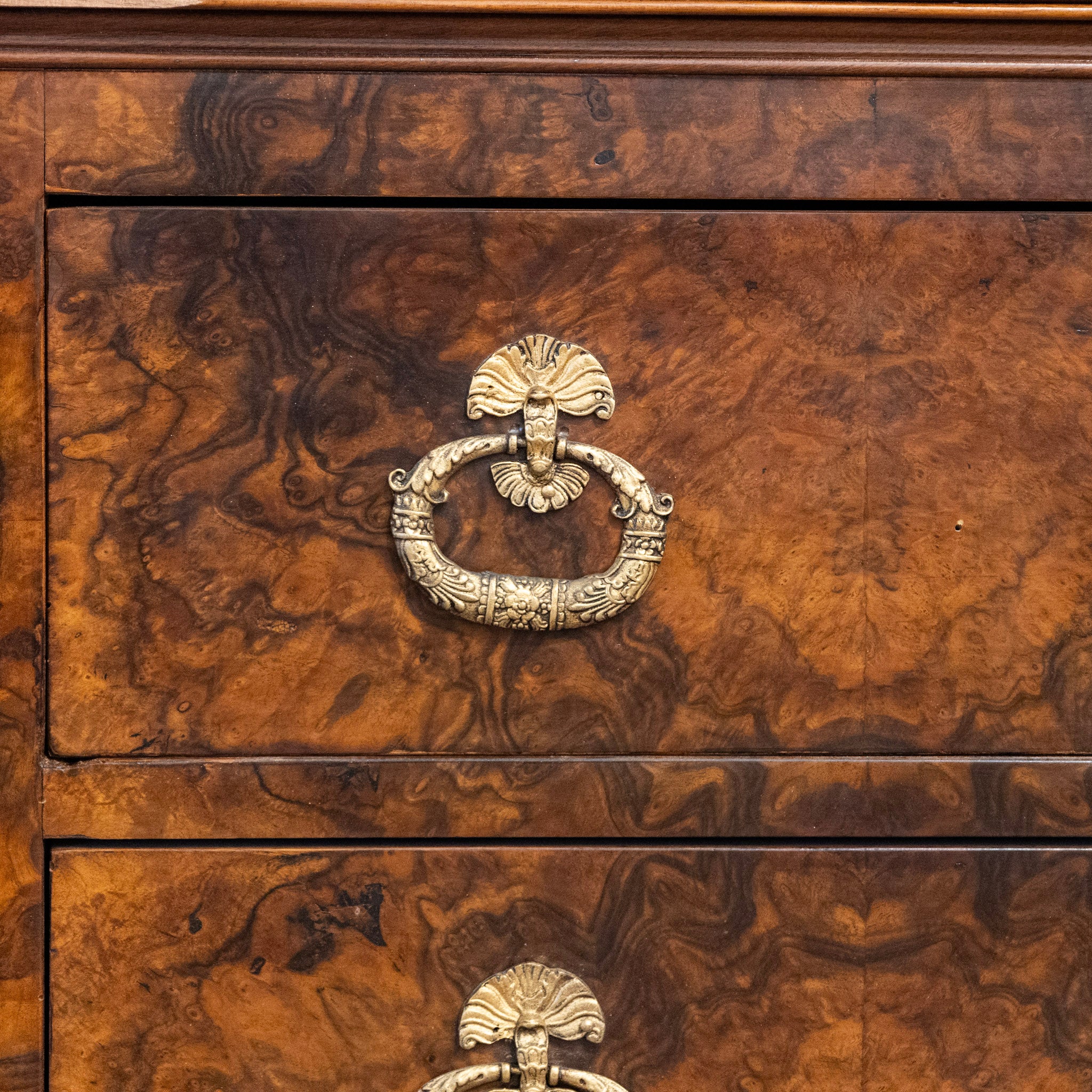 Louis Philippe Marbled Burl Wood Chest – Ornate Pulls - Image 9