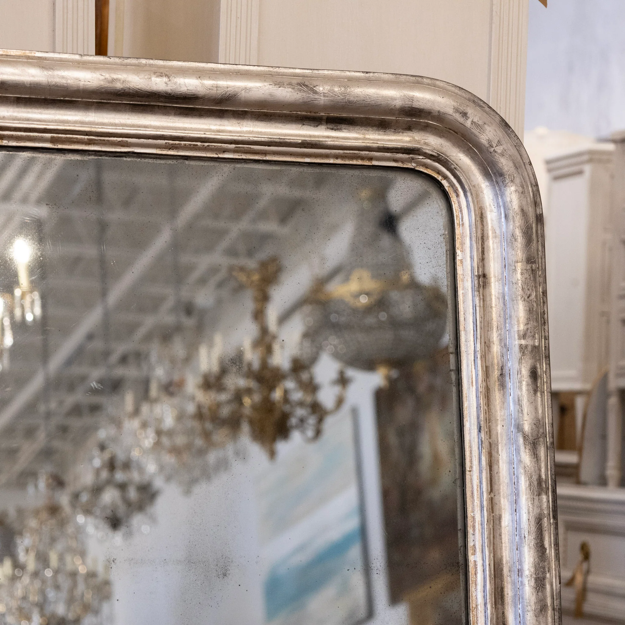 Louis Philippe Silver Gilded Floral Trim Mirror – Original Glass & Distressed Patina - Image 4