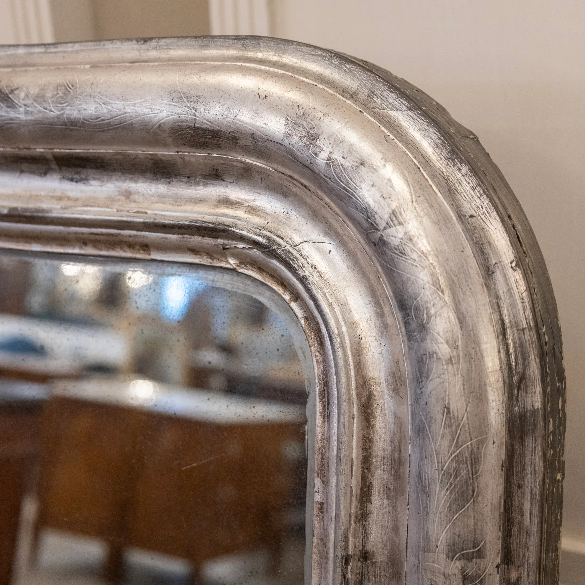 Louis Philippe Silver Gilded Floral Trim Mirror – Original Glass & Distressed Patina - Image 6