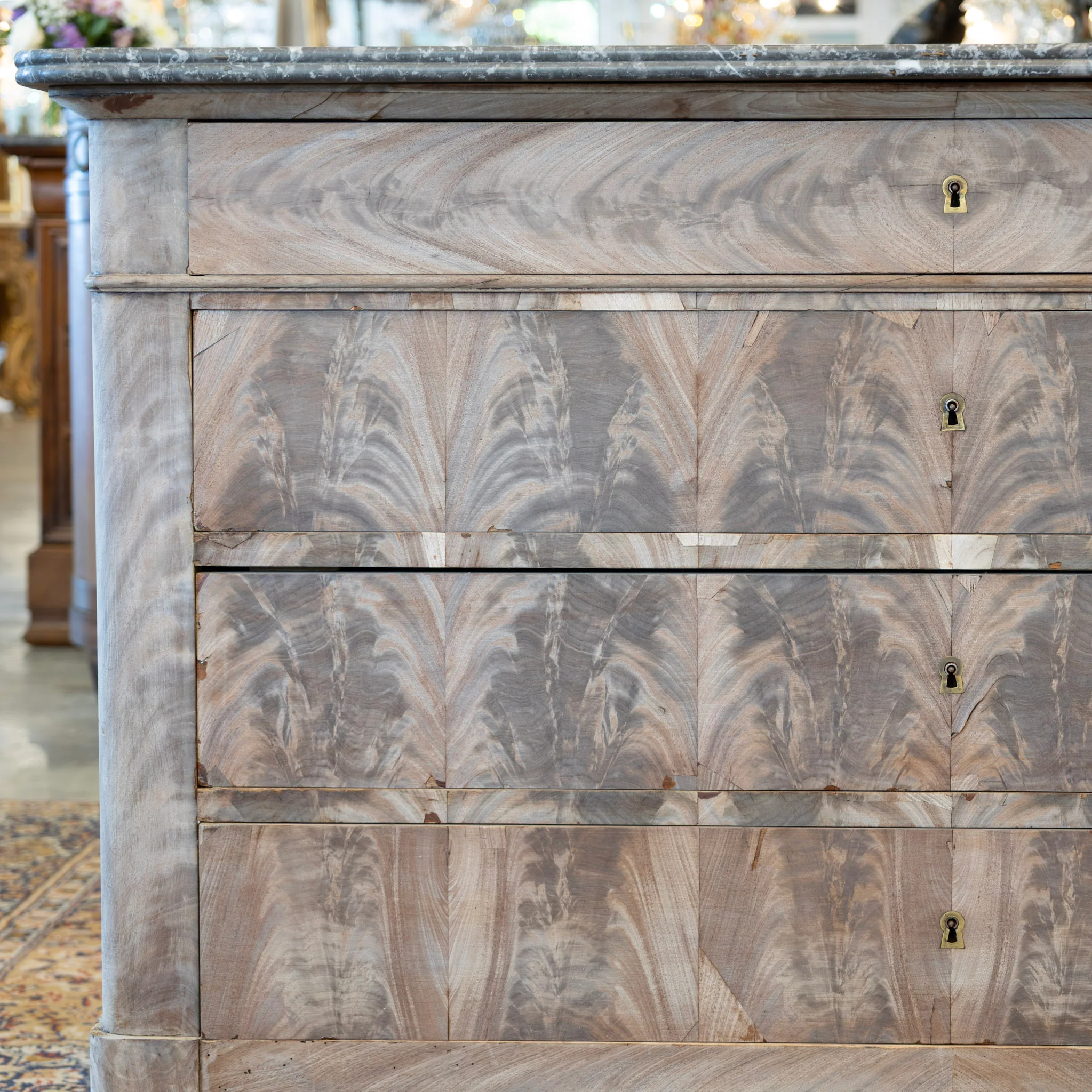 Louis Philippe Stripped Burl Wood Chest – Black Marble Top - Image 4