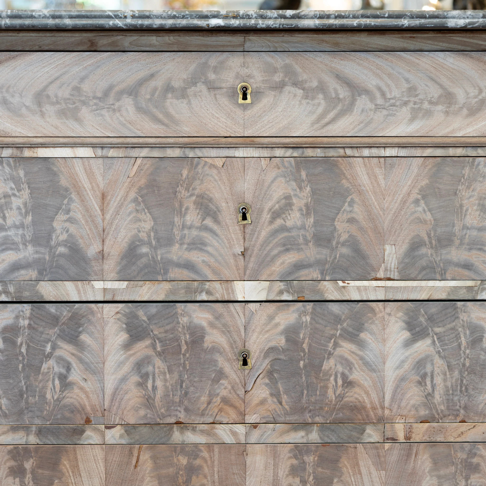 Louis Philippe Stripped Burl Wood Chest – Black Marble Top - Image 5