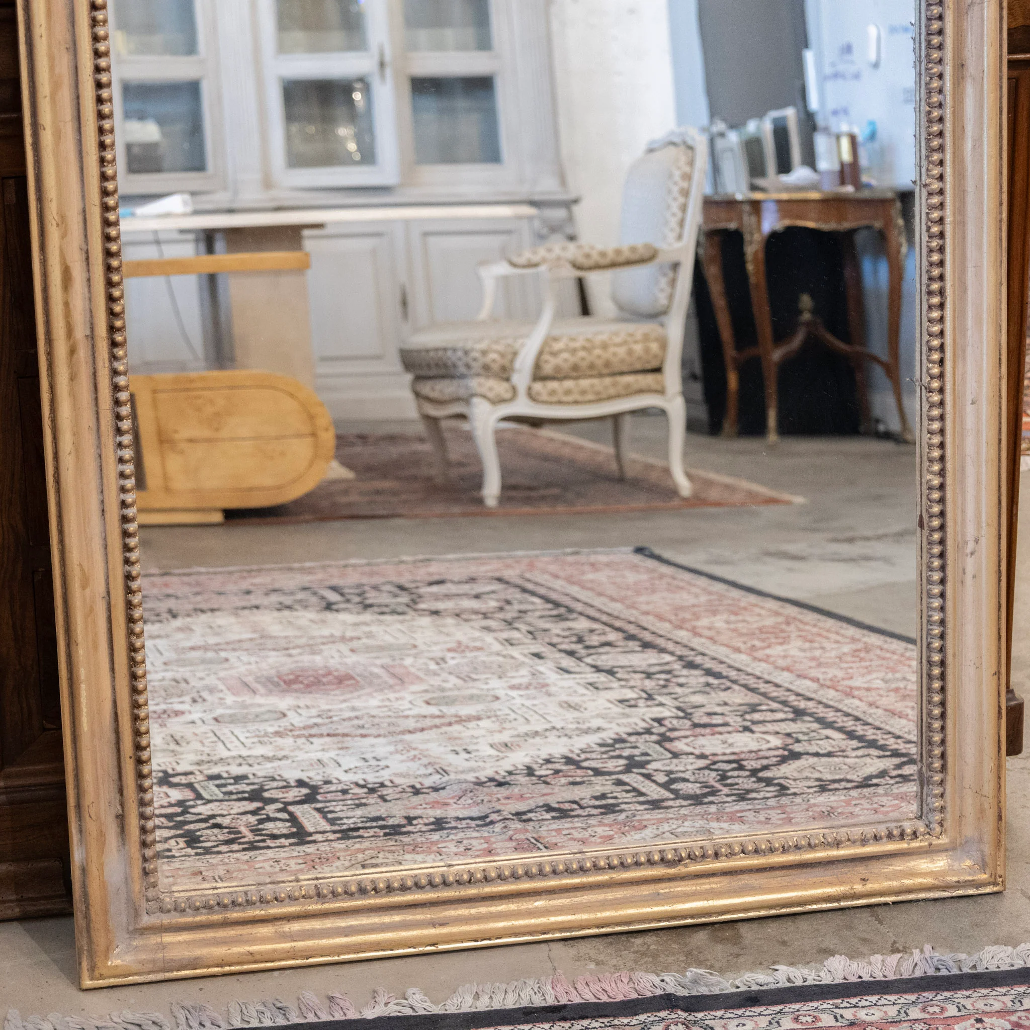 Louis Philippe Tall Gilded Mirror – Beaded Frame with Crest - Image 3