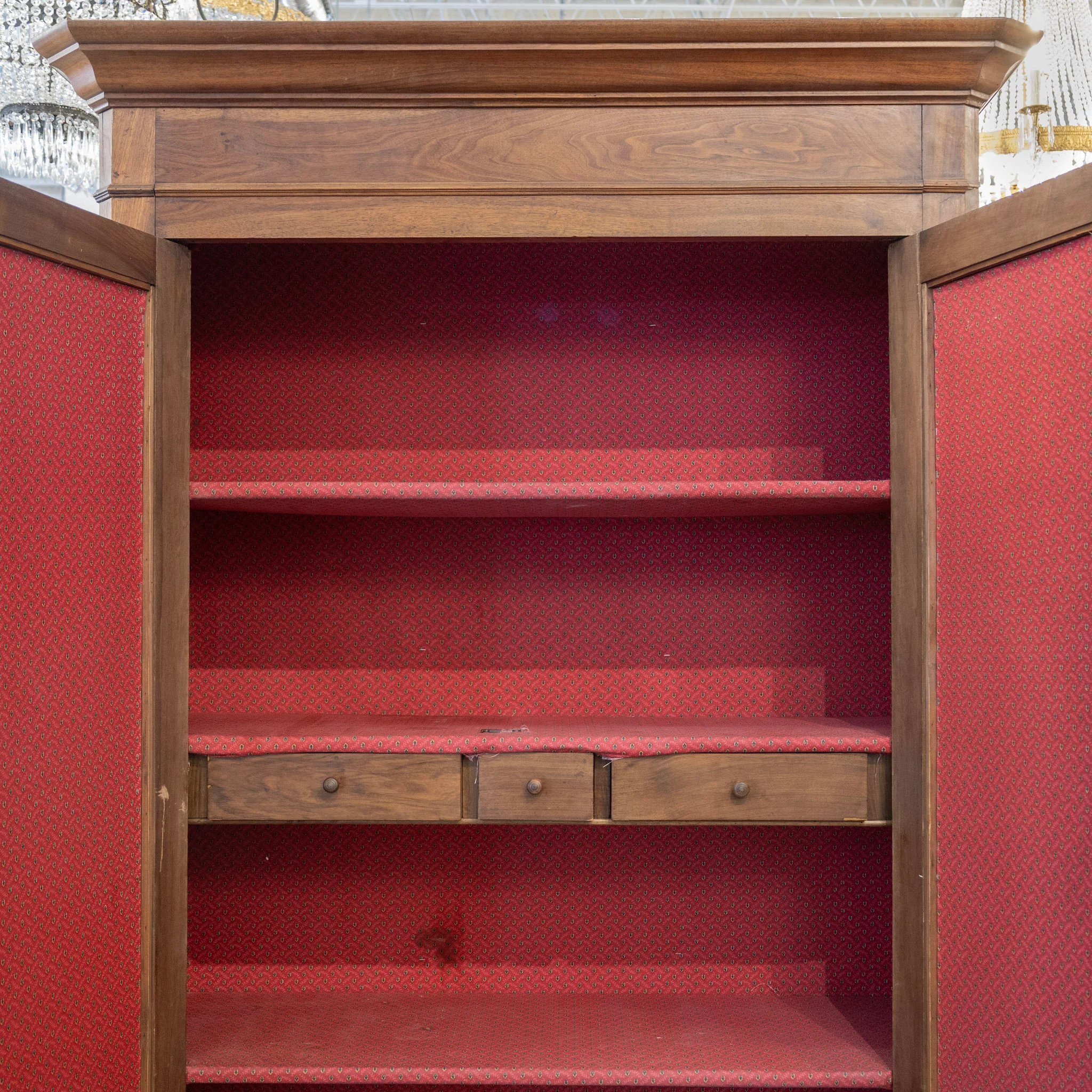 Louis Philippe Walnut Armoire – Original Red Fabric Interior with Shelves & Lower Drawer - Image 12