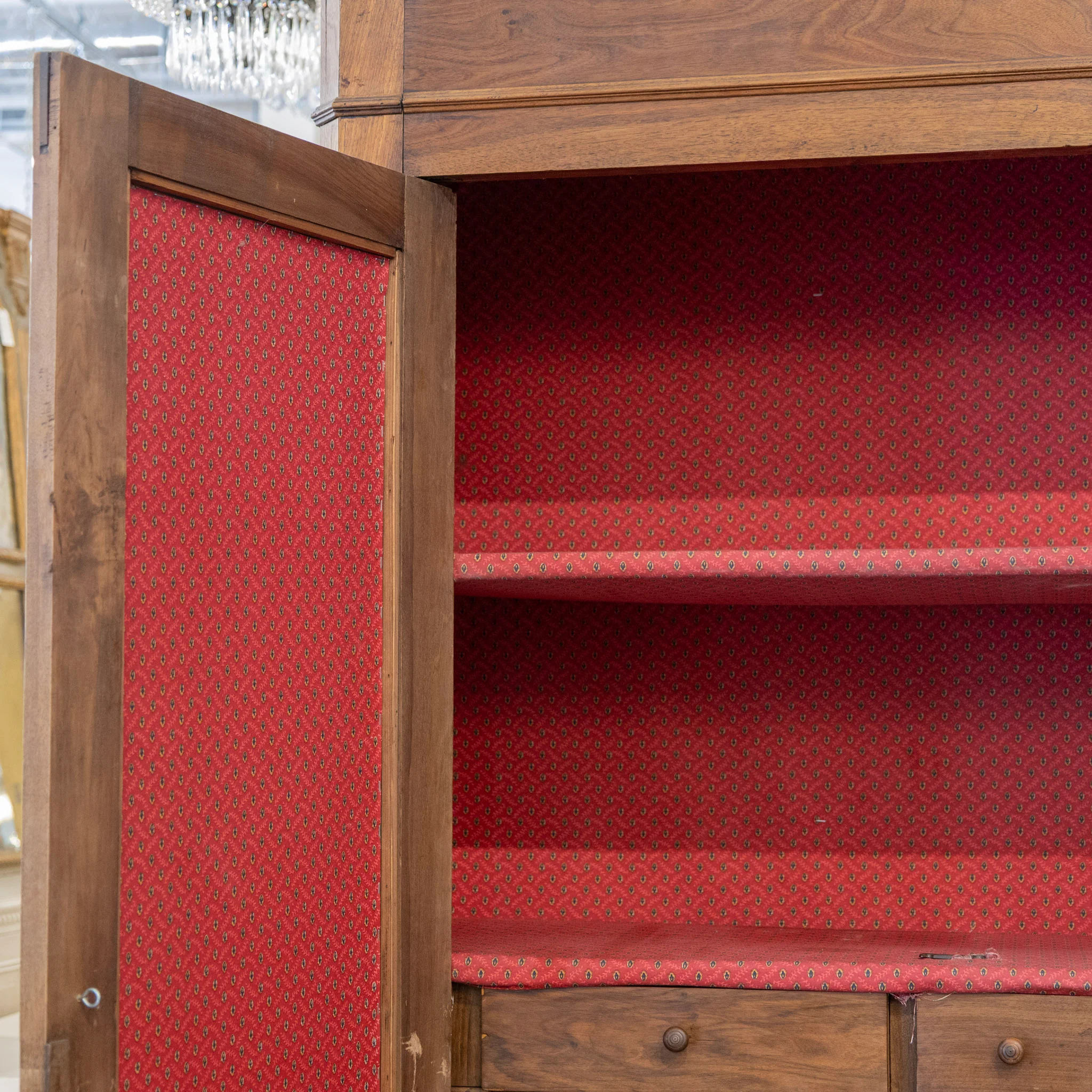 Louis Philippe Walnut Armoire – Original Red Fabric Interior with Shelves & Lower Drawer - Image 13