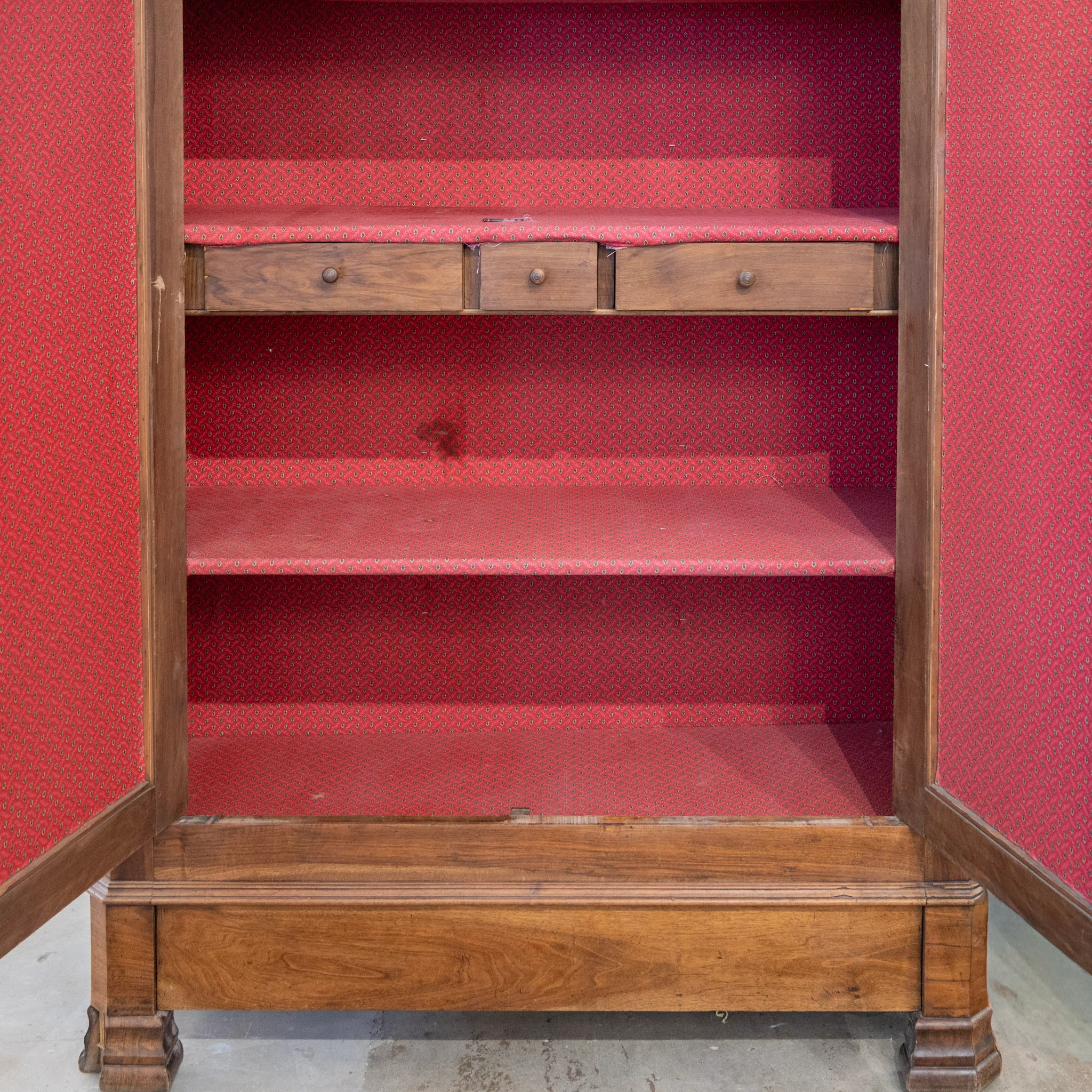 Louis Philippe Walnut Armoire – Original Red Fabric Interior with Shelves & Lower Drawer - Image 14