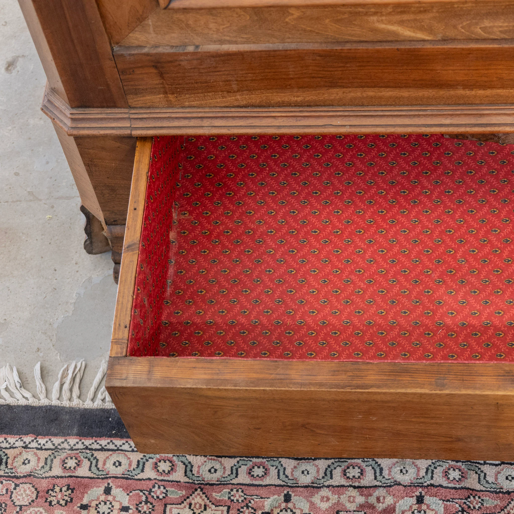 Louis Philippe Walnut Armoire – Original Red Fabric Interior with Shelves & Lower Drawer - Image 16