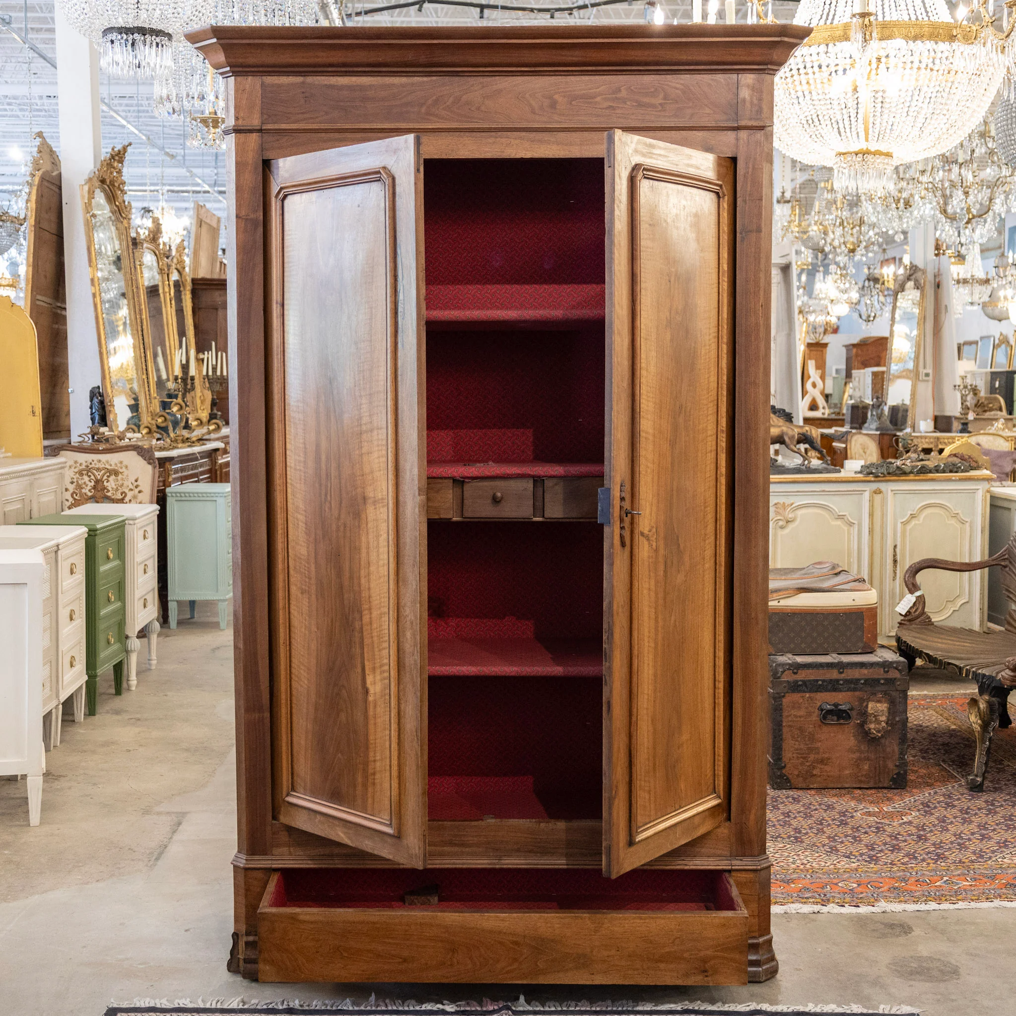 Louis Philippe Walnut Armoire – Original Red Fabric Interior with Shelves & Lower Drawer - Image 3