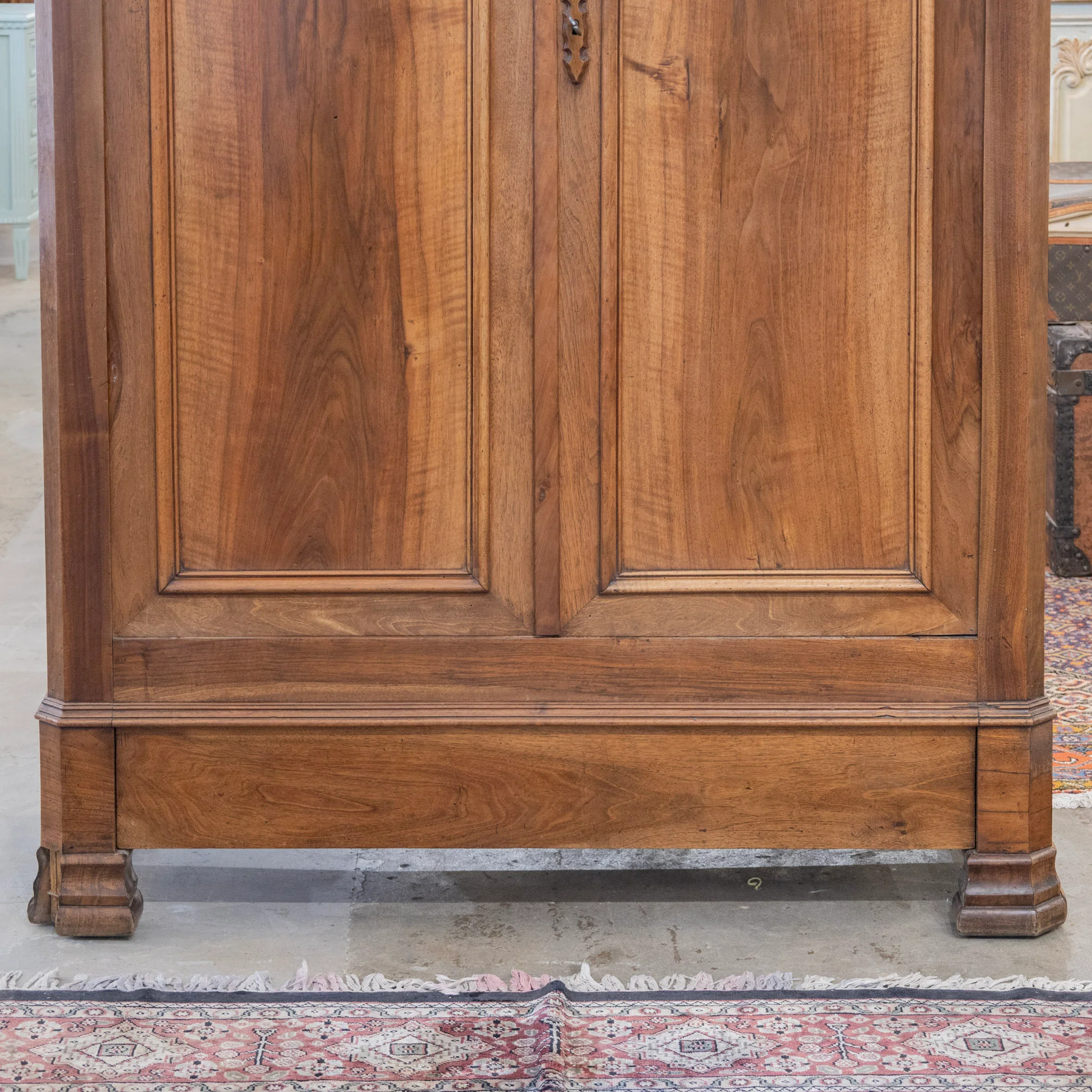 Louis Philippe Walnut Armoire – Original Red Fabric Interior with Shelves & Lower Drawer - Image 5