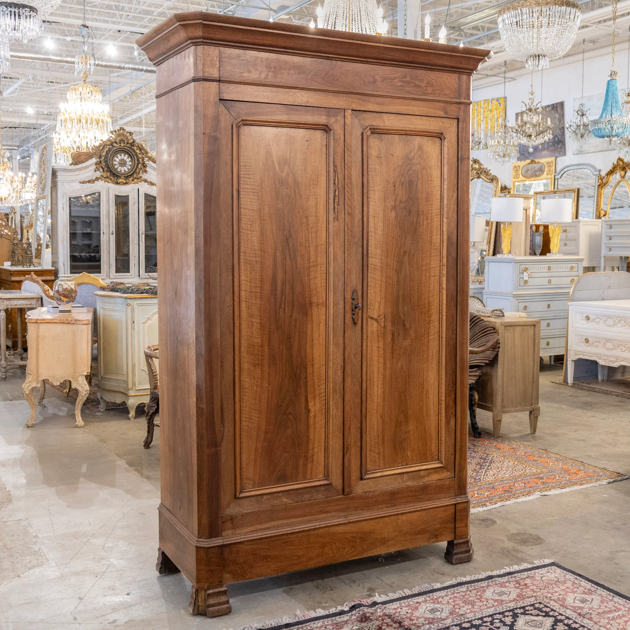 Louis Philippe Walnut Armoire – Original Red Fabric Interior with Shelves & Lower Drawer - Image 6