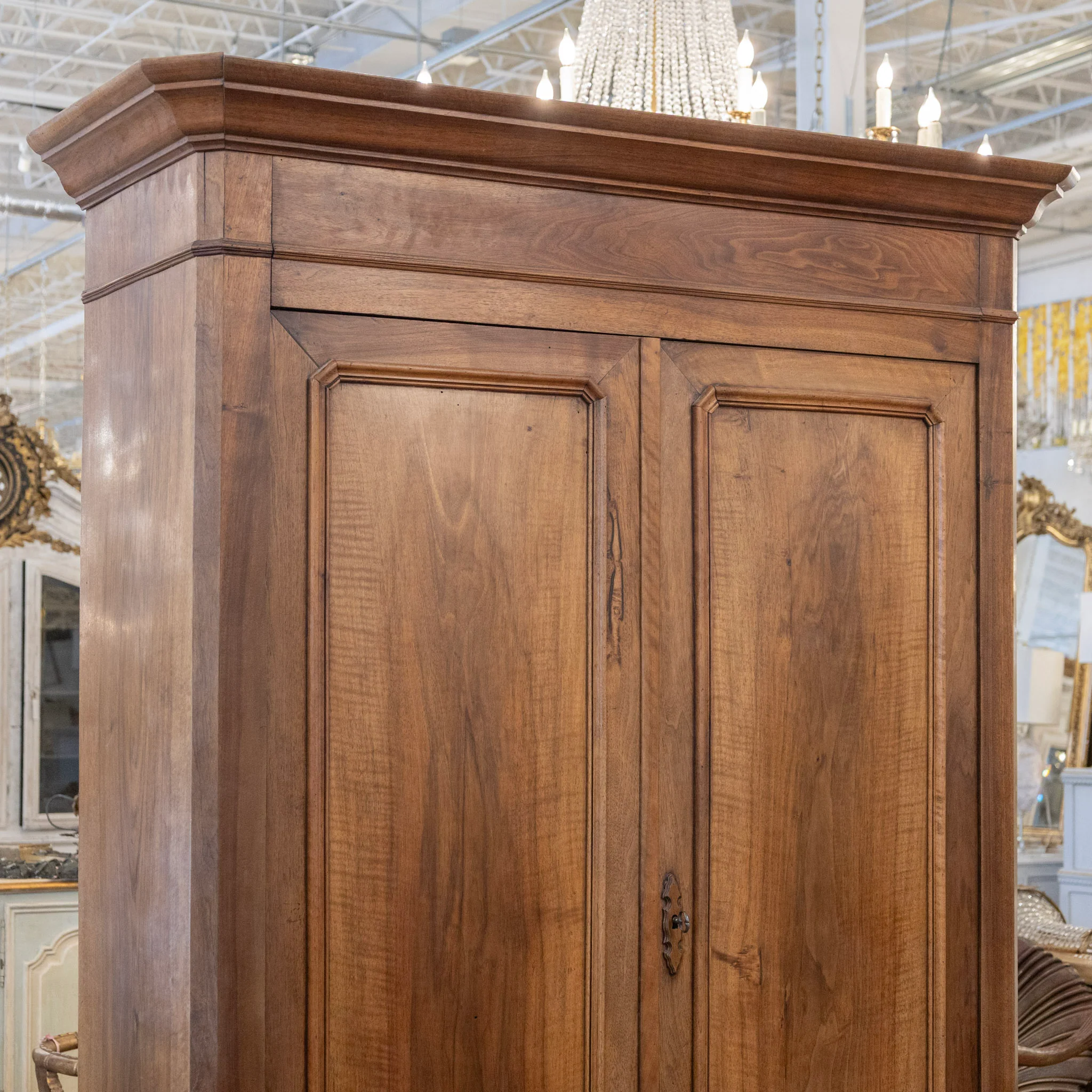 Louis Philippe Walnut Armoire – Original Red Fabric Interior with Shelves & Lower Drawer - Image 7