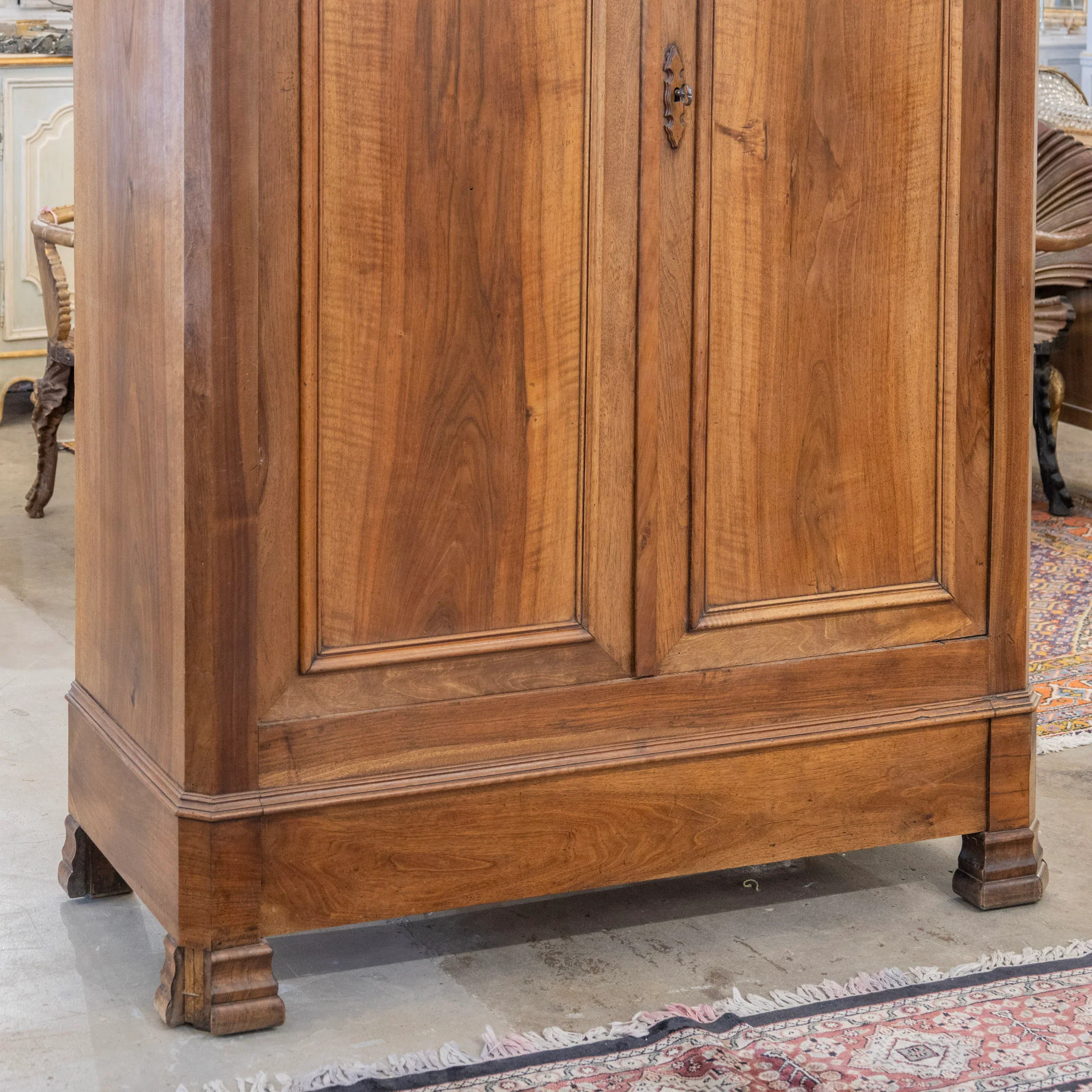 Louis Philippe Walnut Armoire – Original Red Fabric Interior with Shelves & Lower Drawer - Image 8