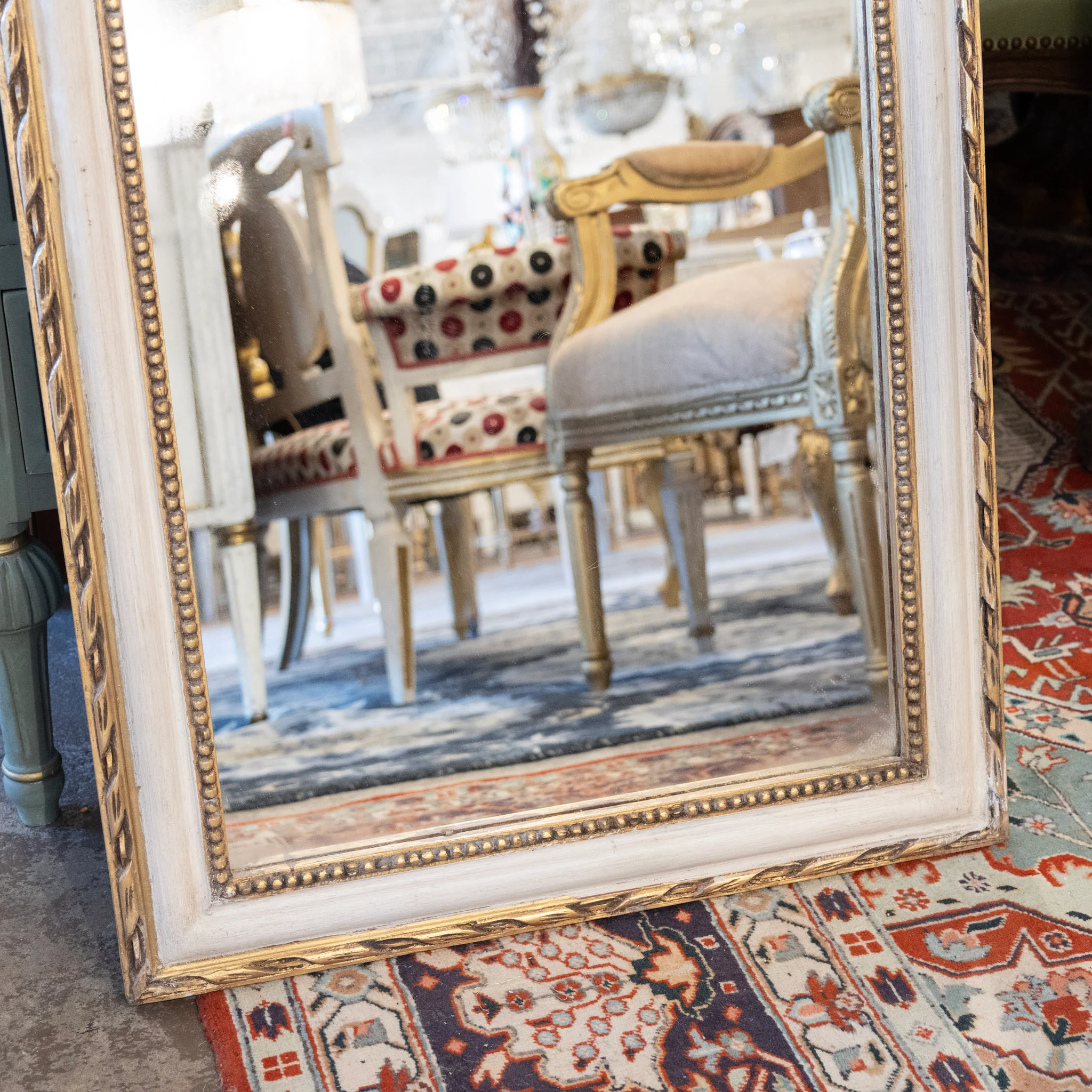 Louis Philippe White & Gold Mirror – Beaded & Rope Carved Trim - Image 3