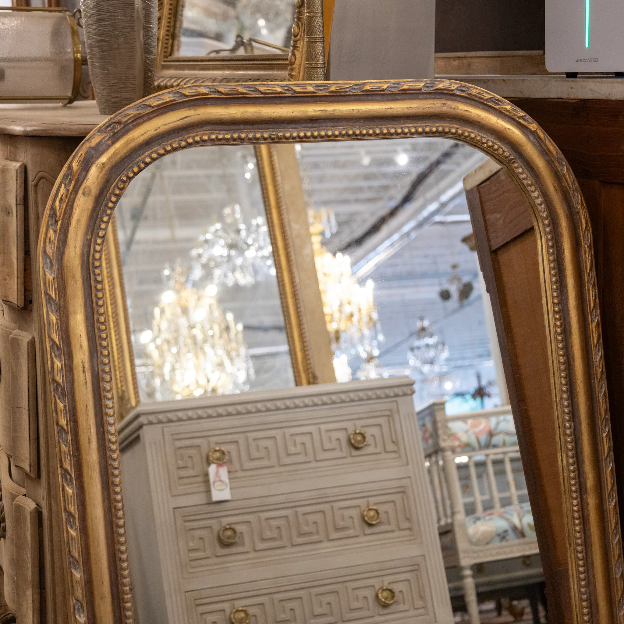 Louis Philippe Gilded Patina Mirror – Beaded & Rope Carved Trim - Image 2