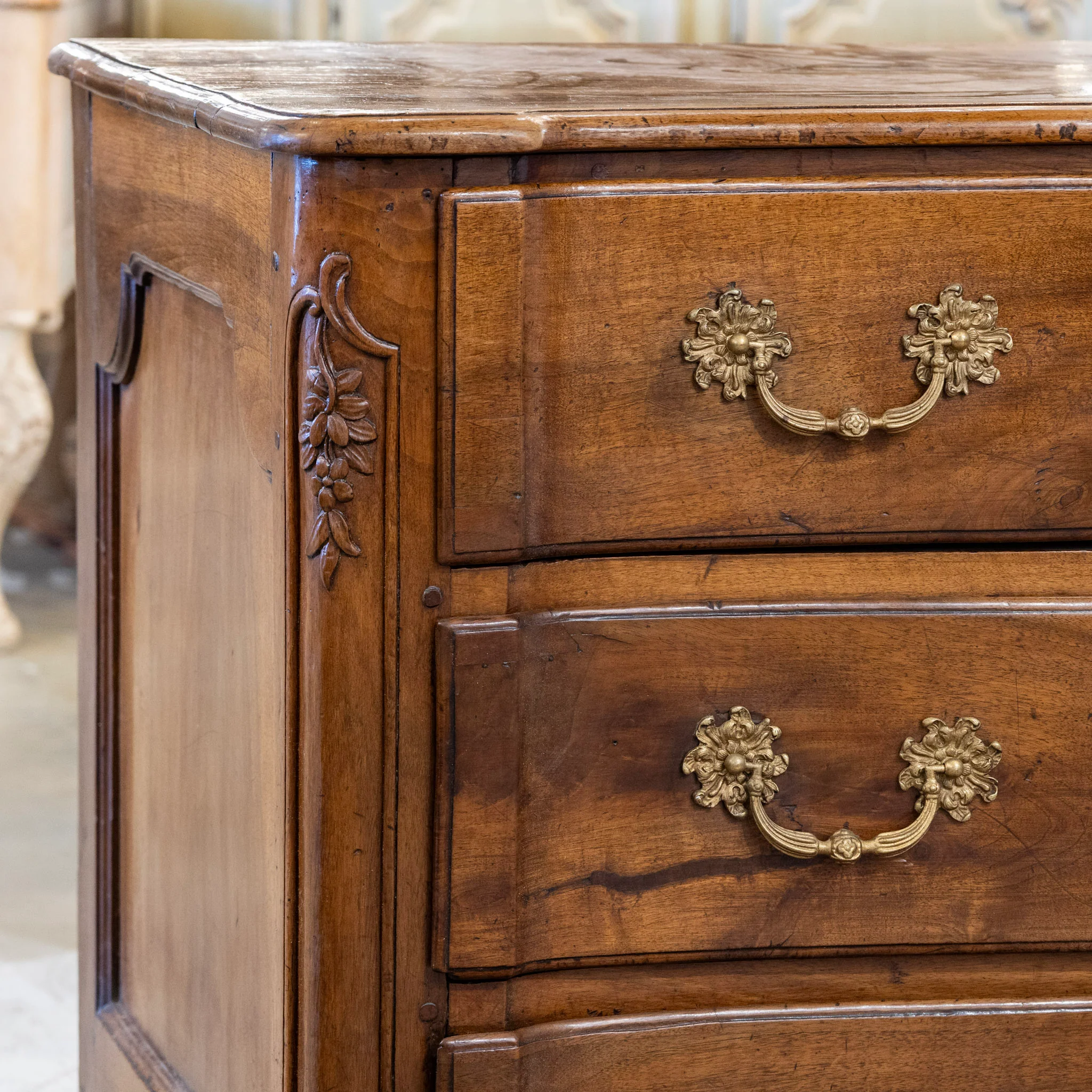 Louis XV 18th Century Walnut Chest – Bronze Hardware & Carved Florals - Image 6