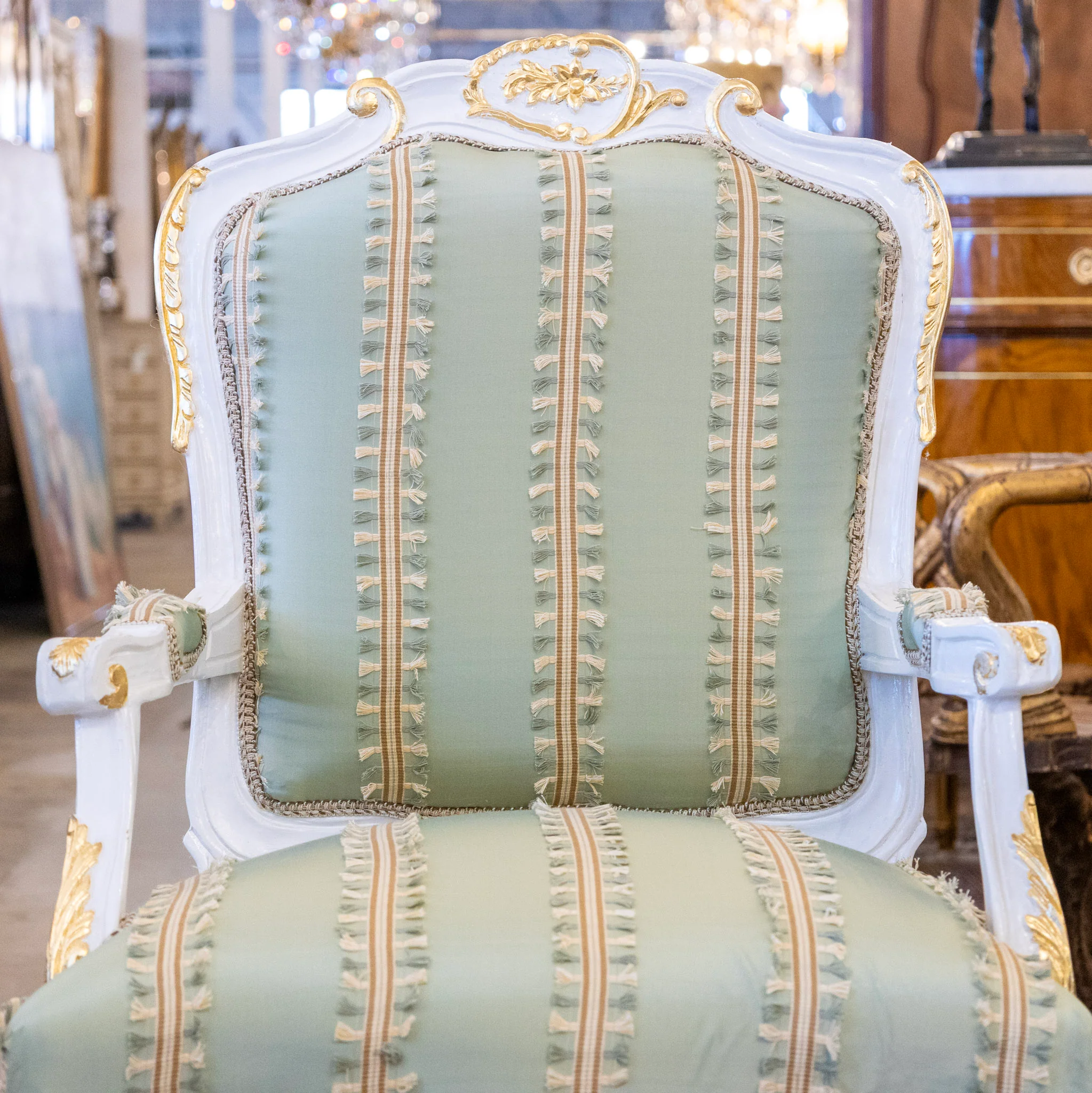 Louis XV Armchair in Green – White & Gold Frame with Patterned Upholstery - Image 3