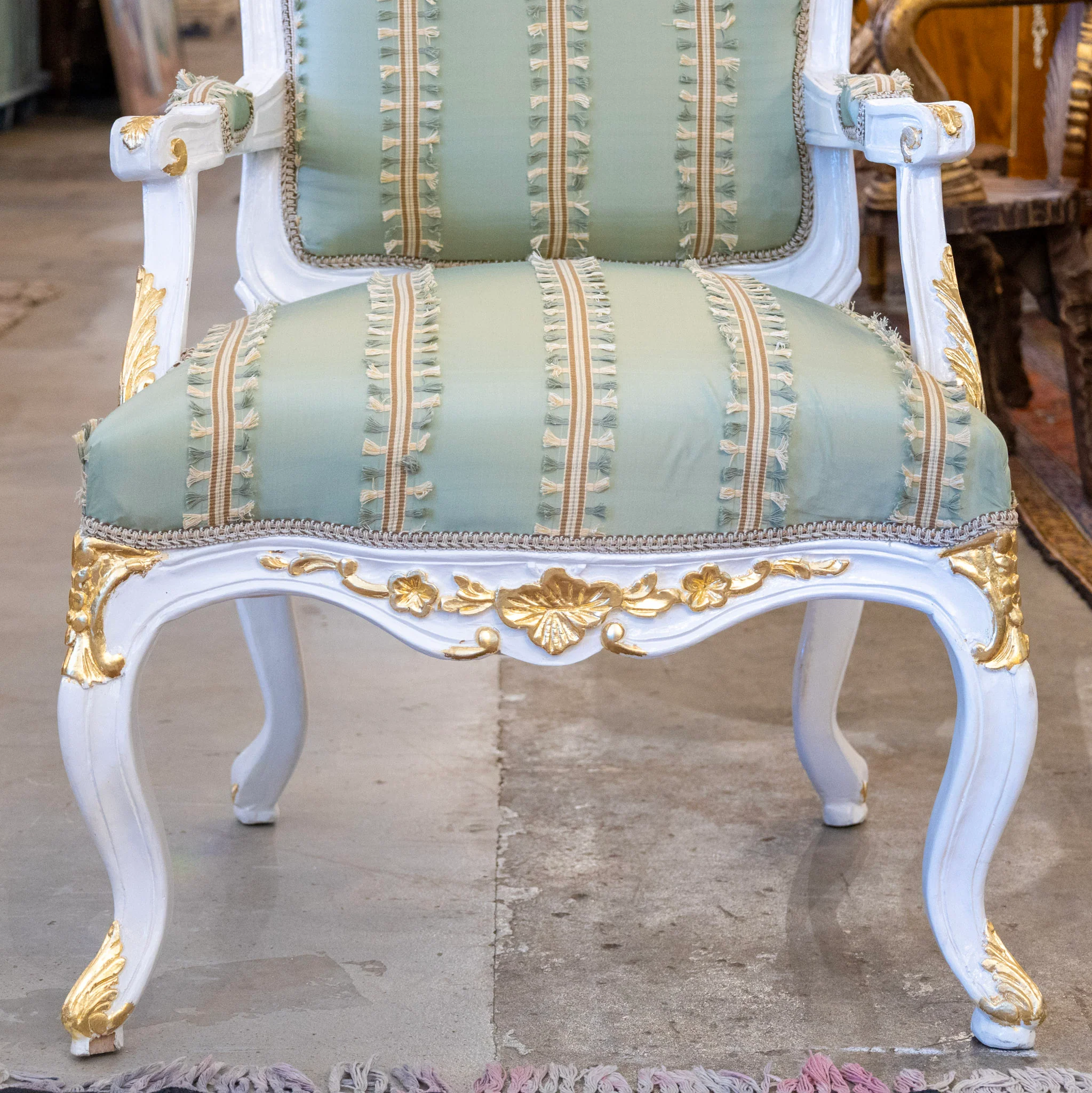 Louis XV Armchair in Green – White & Gold Frame with Patterned Upholstery - Image 4