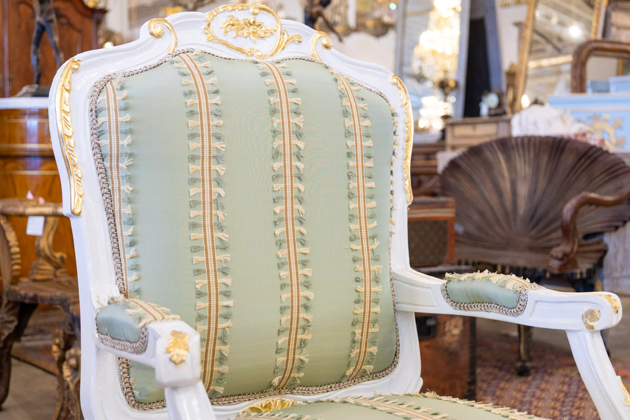 Louis XV Armchair in Green – White & Gold Frame with Patterned Upholstery - Image 6