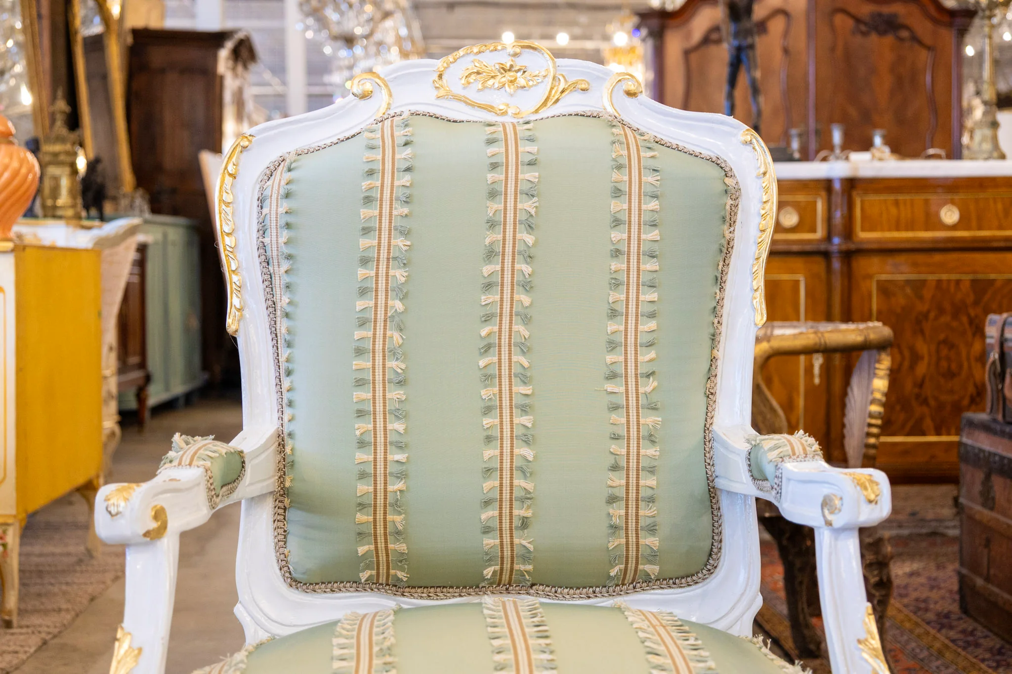 Louis XV Armchair in Green – White & Gold Frame with Patterned Upholstery - Image 7