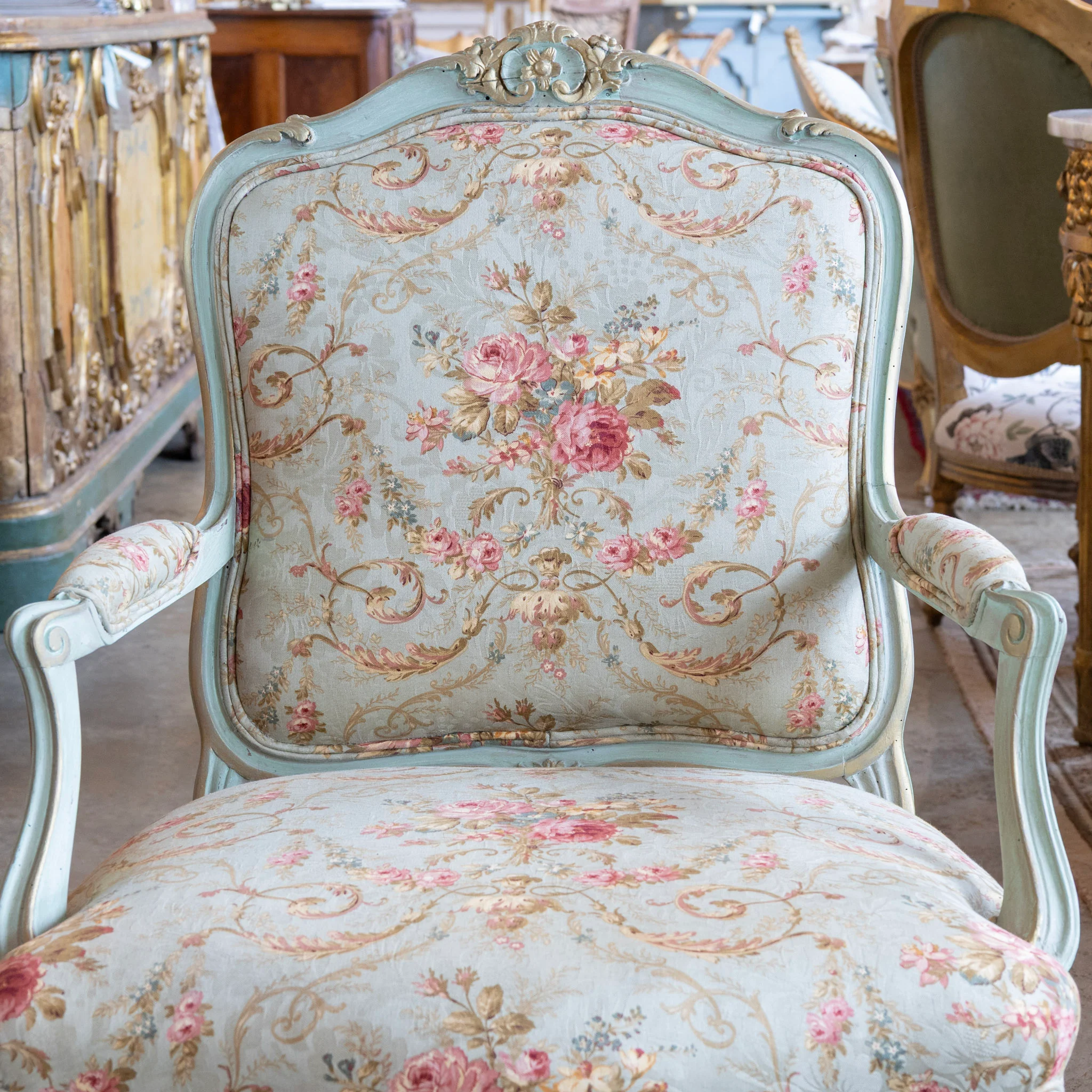 Louis XV Armchair – Soft Green Painted Frame with Aubusson Floral Upholstery - Image 3