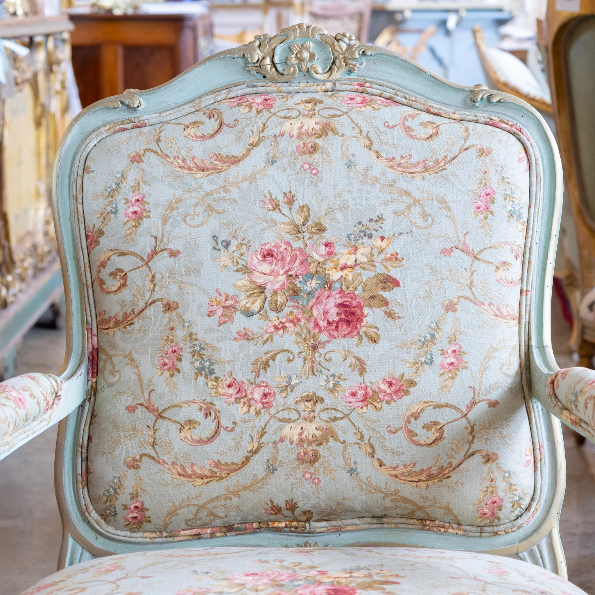 Louis XV Armchair – Soft Green Painted Frame with Aubusson Floral Upholstery - Image 4