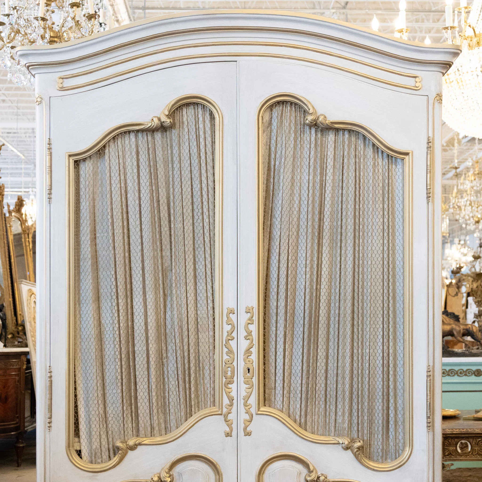 Louis XV Armoire – White Distressed Finish with Gold Trim and Fabric Panels - Image 10