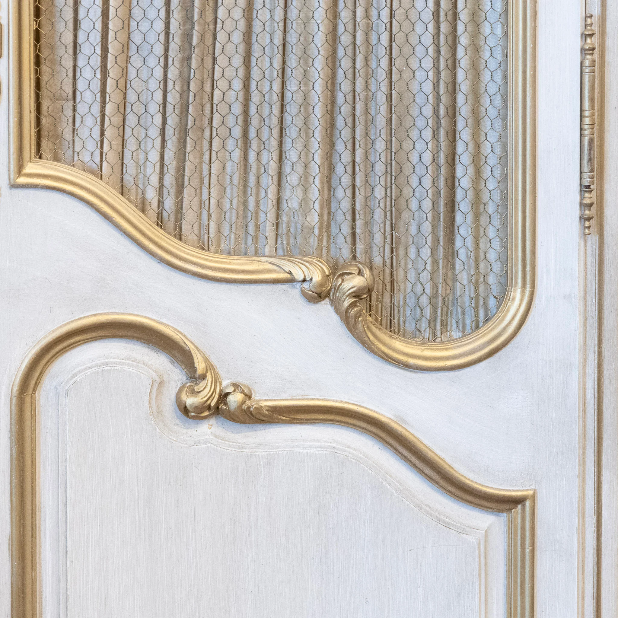 Louis XV Armoire – White Distressed Finish with Gold Trim and Fabric Panels - Image 11