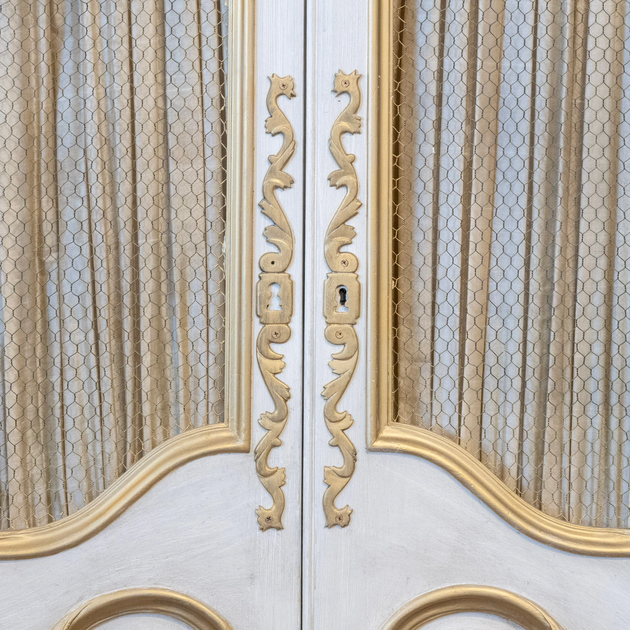 Louis XV Armoire – White Distressed Finish with Gold Trim and Fabric Panels - Image 12
