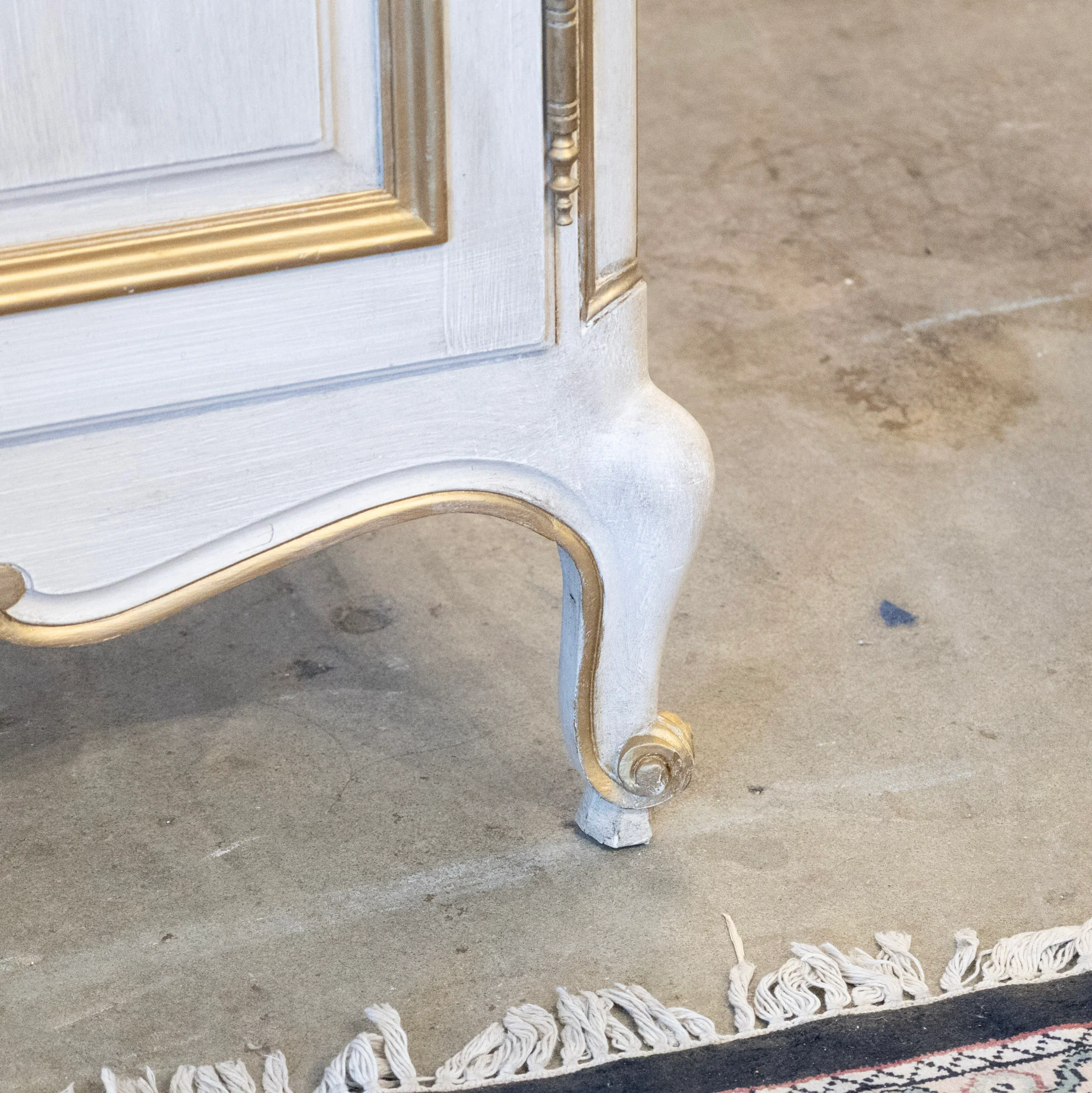 Louis XV Armoire – White Distressed Finish with Gold Trim and Fabric Panels - Image 13