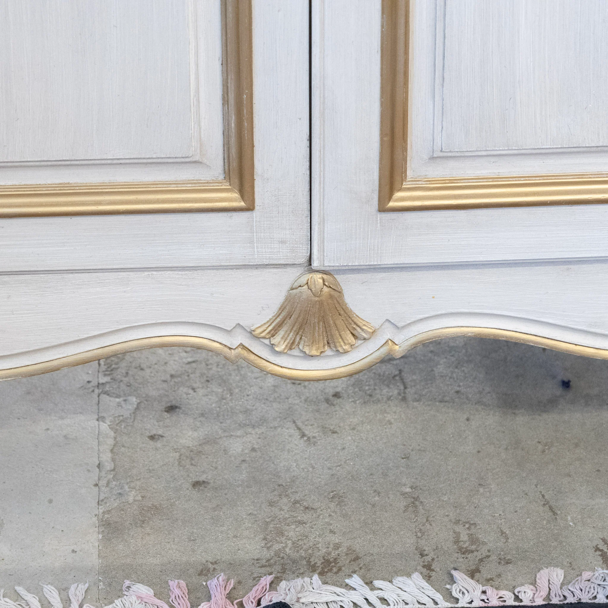 Louis XV Armoire – White Distressed Finish with Gold Trim and Fabric Panels - Image 14