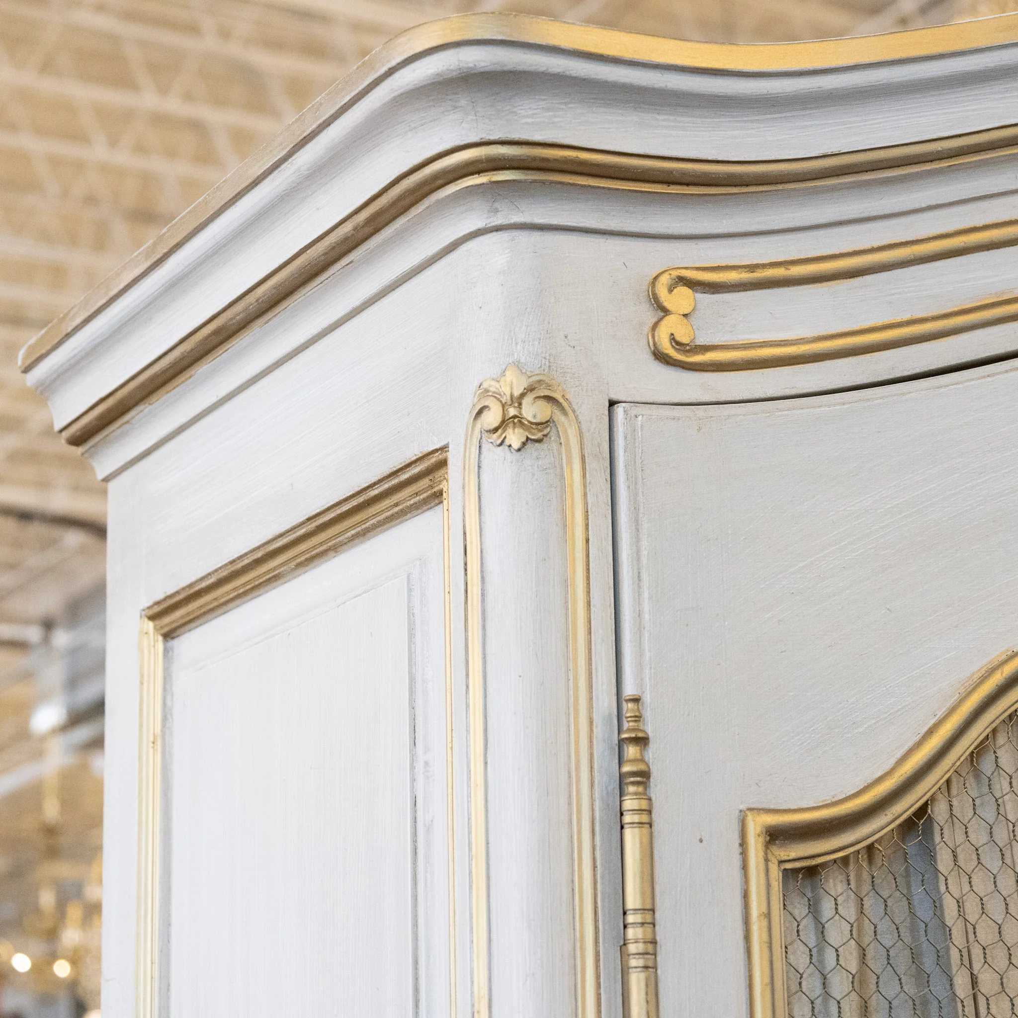 Louis XV Armoire – White Distressed Finish with Gold Trim and Fabric Panels - Image 15
