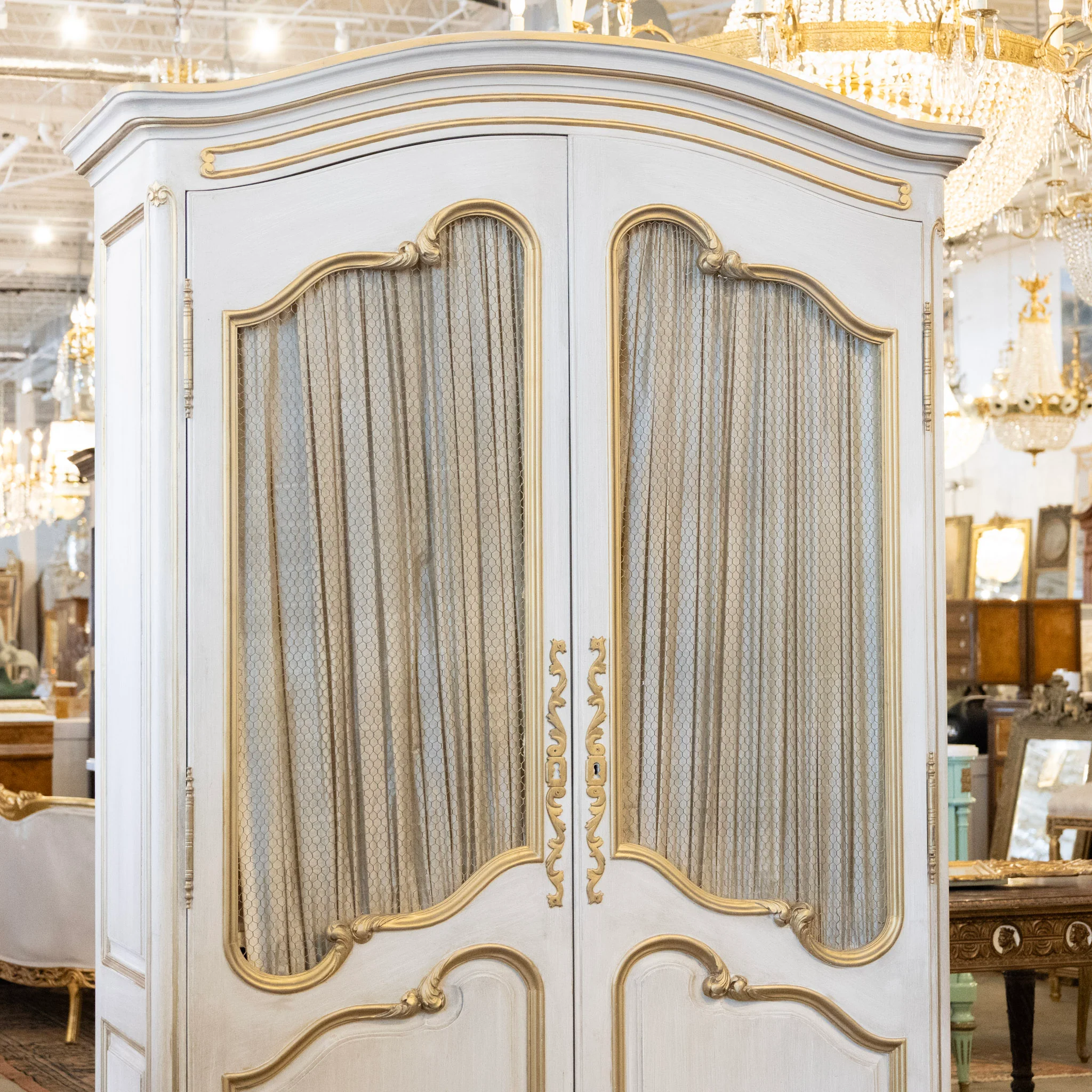 Louis XV Armoire – White Distressed Finish with Gold Trim and Fabric Panels - Image 3