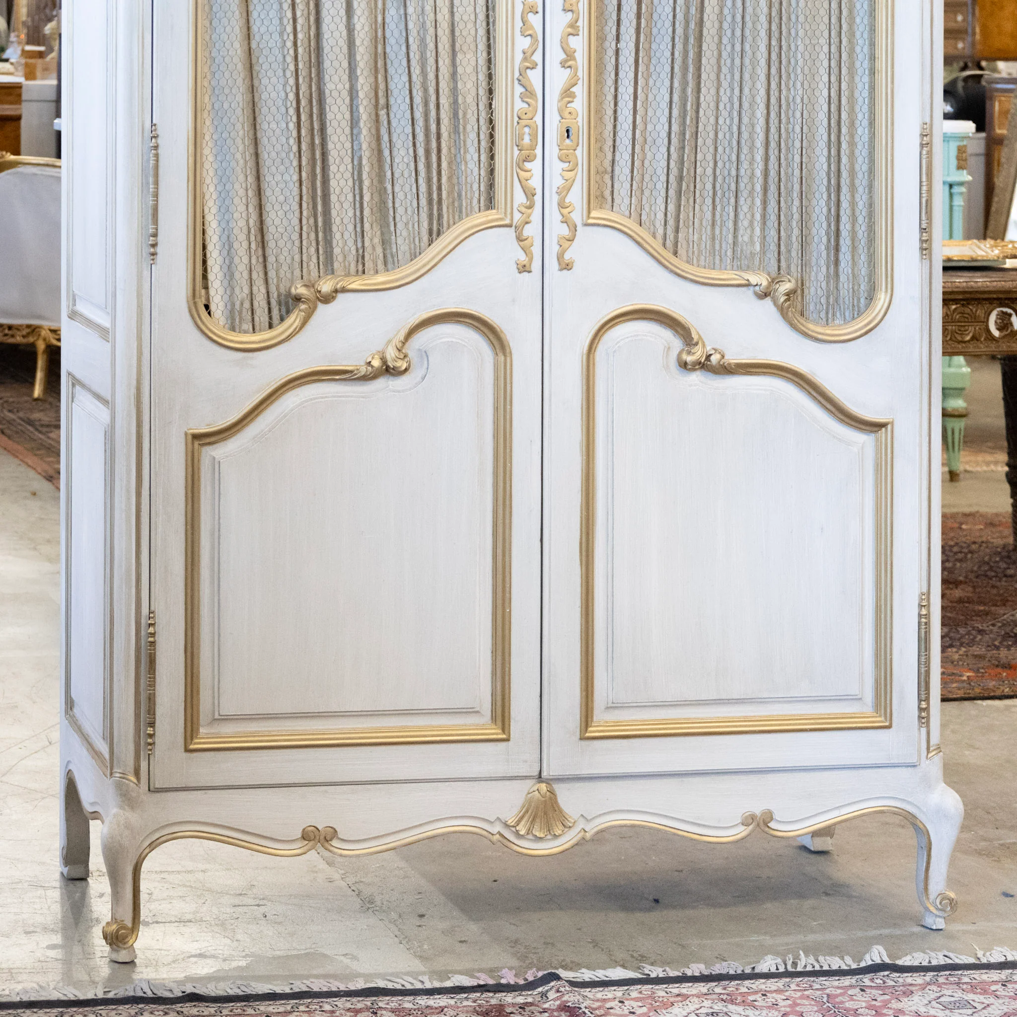 Louis XV Armoire – White Distressed Finish with Gold Trim and Fabric Panels - Image 4