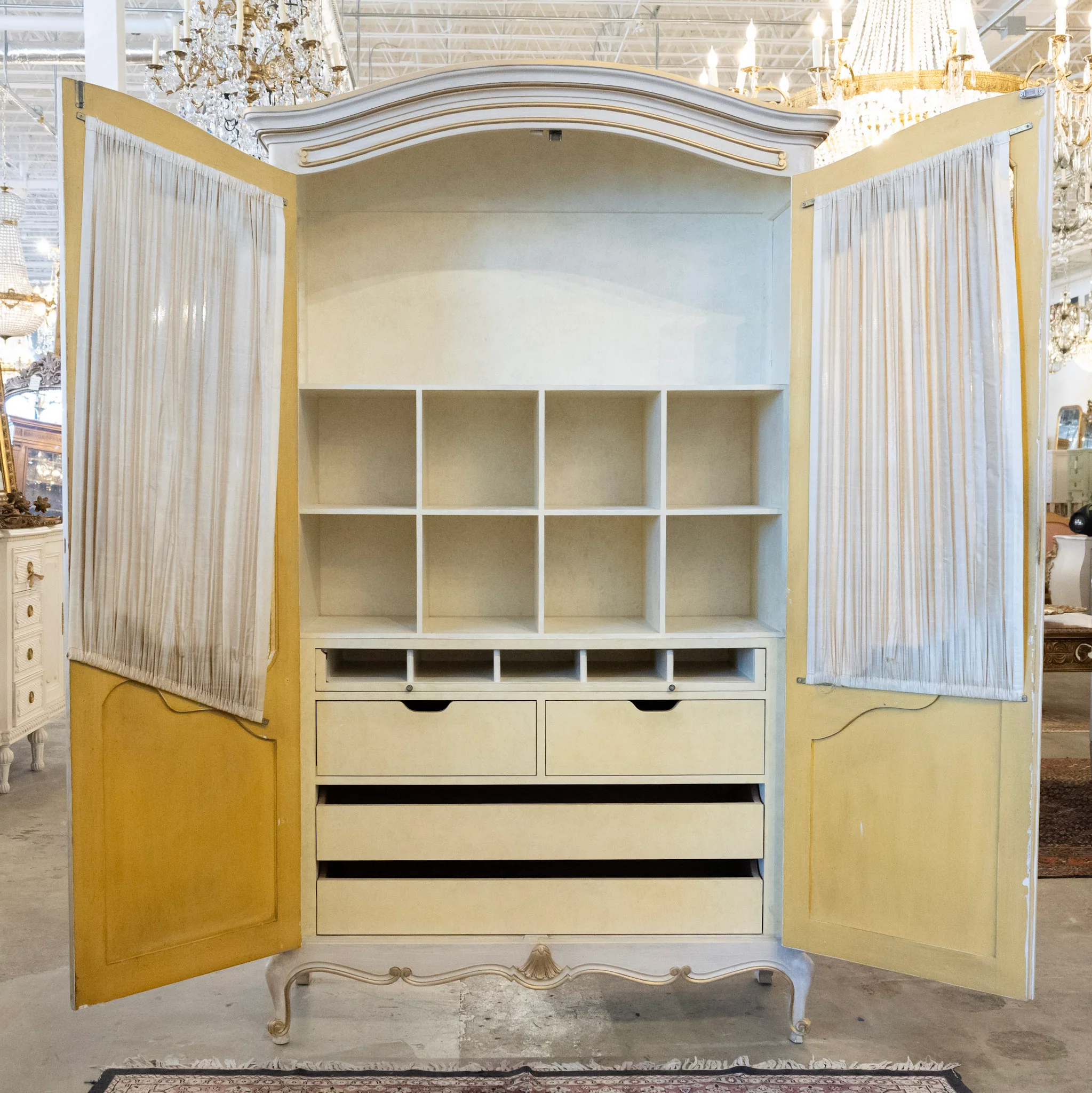 Louis XV Armoire – White Distressed Finish with Gold Trim and Fabric Panels - Image 5