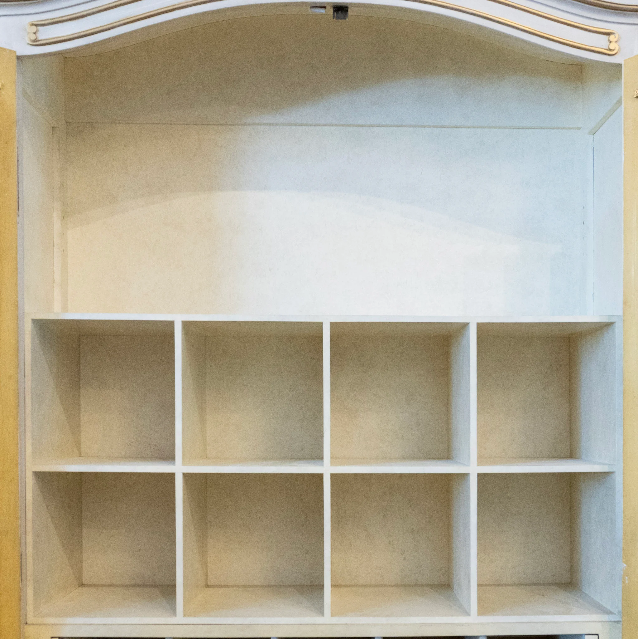 Louis XV Armoire – White Distressed Finish with Gold Trim and Fabric Panels - Image 6