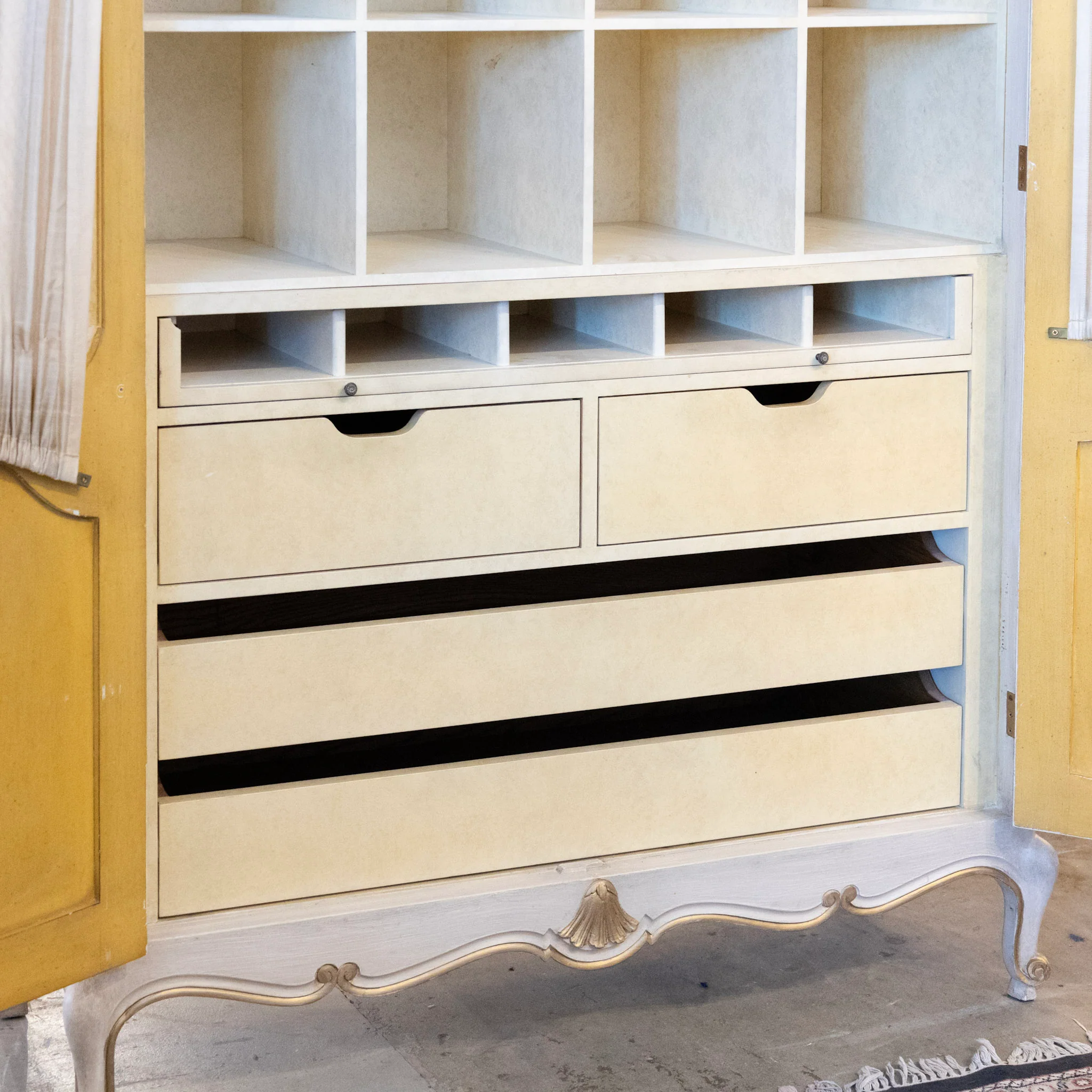 Louis XV Armoire – White Distressed Finish with Gold Trim and Fabric Panels - Image 7