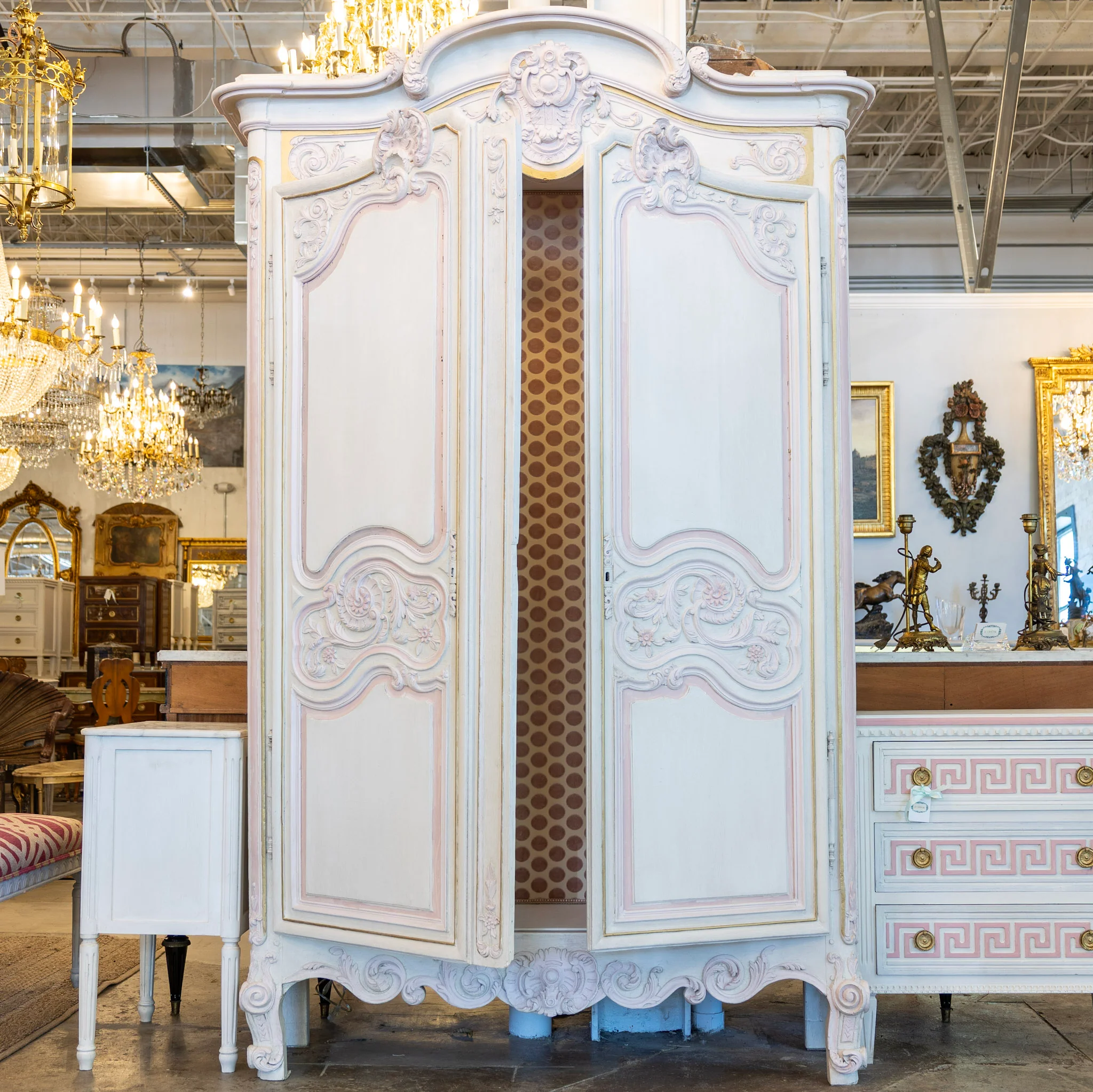 Louis XV Armoire – White & Pink with Pink Polka Dot Lining - Image 3