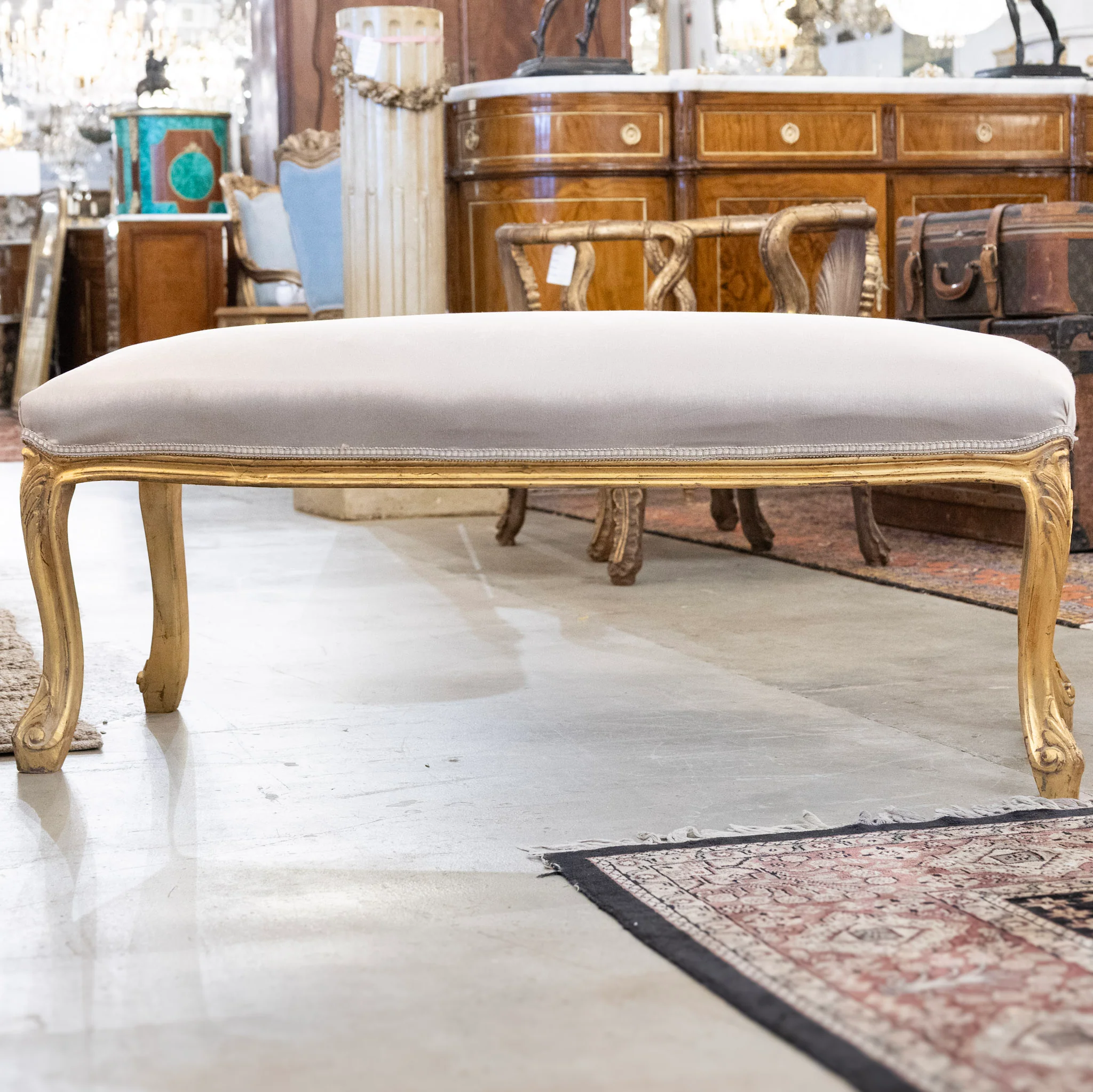 Louis XV Bench – Gold Trim & Cabriole Legs in French Grey Velvet - Image 3