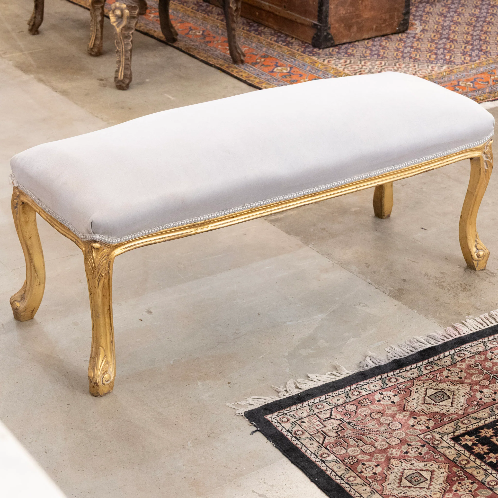 Louis XV Bench – Gold Trim & Cabriole Legs in French Grey Velvet - Image 4