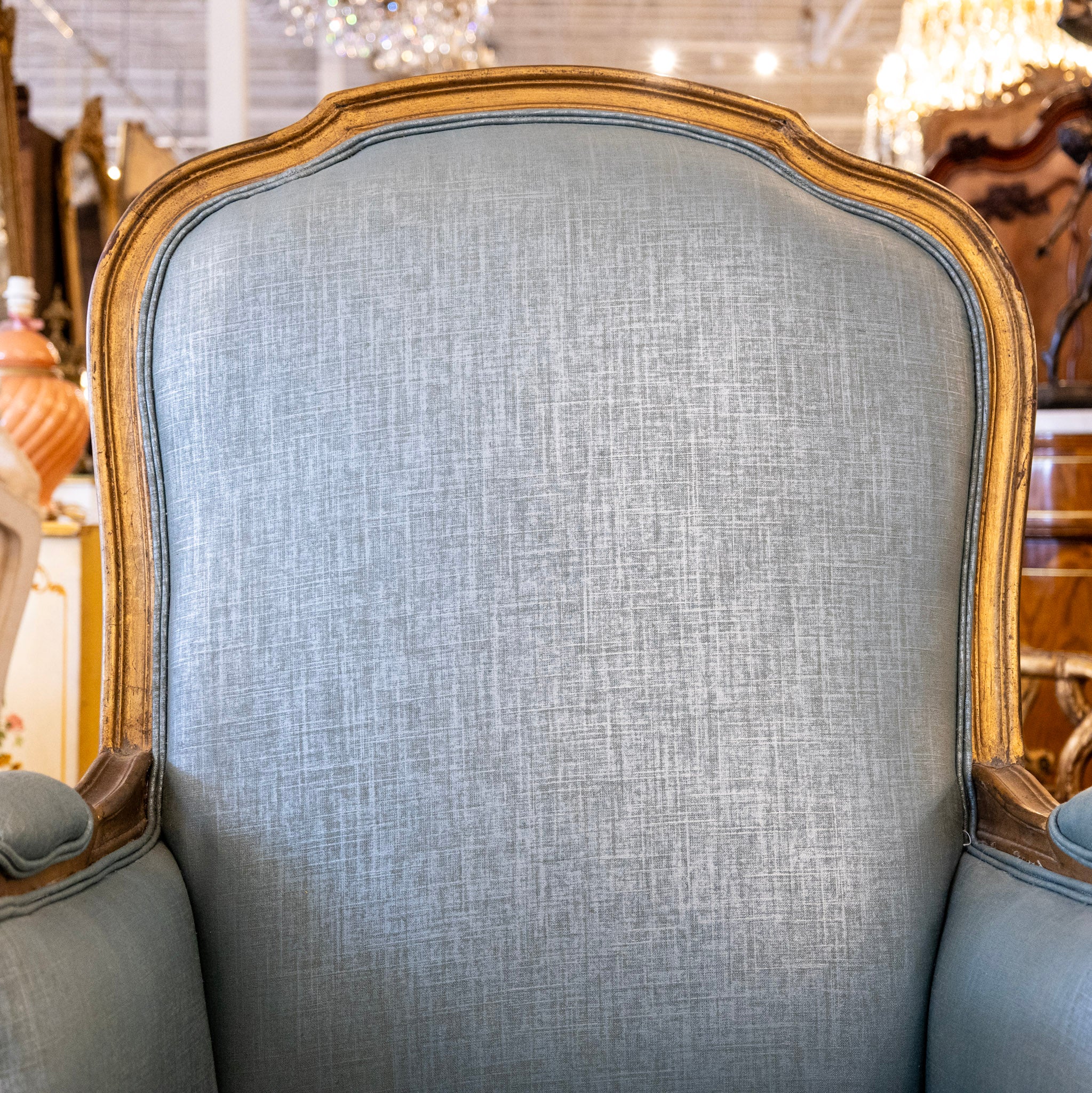 Louis XV Bergère Chair in Blue – Gilded Frame & Silk-Weave Upholstery - Image 4