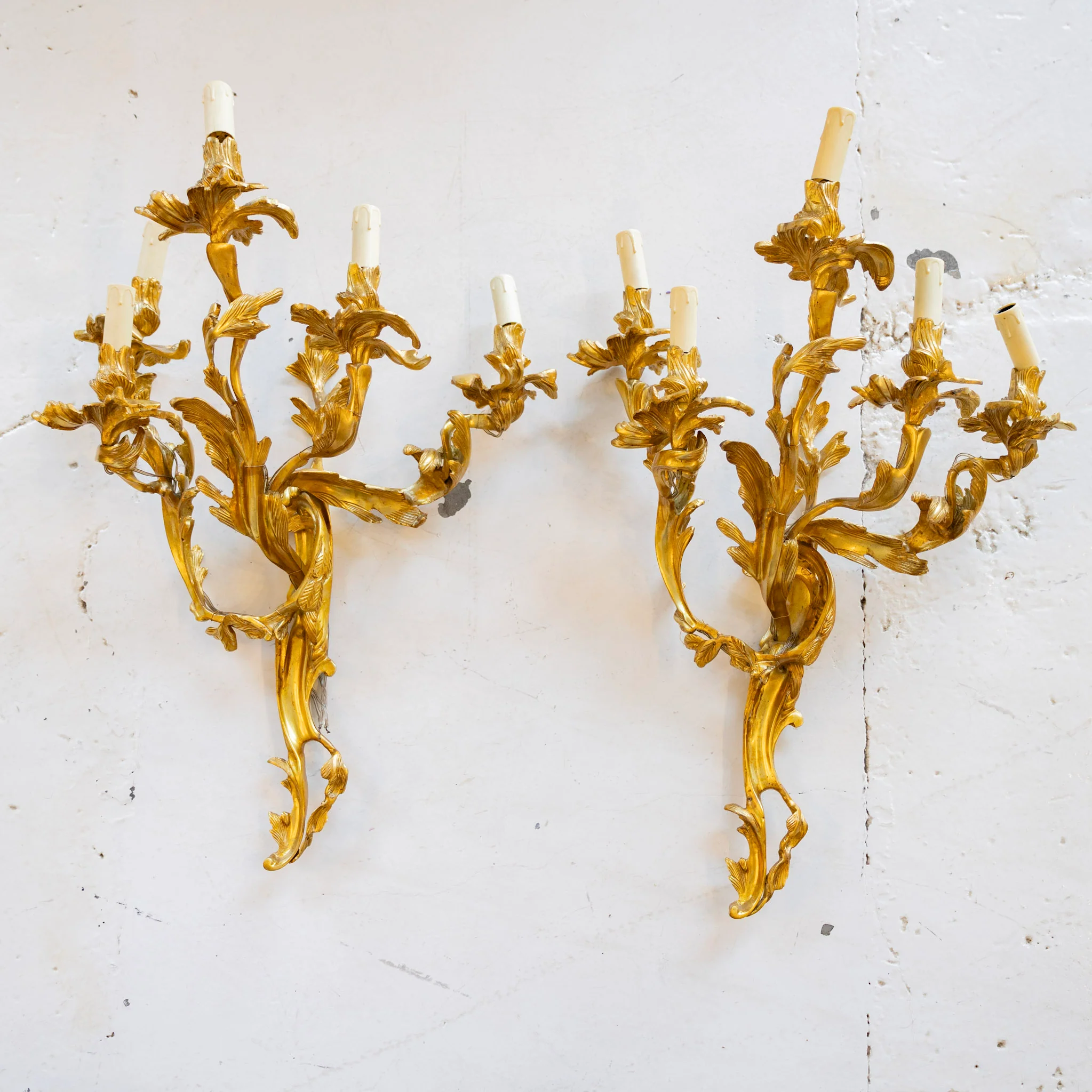 Louis XV Brass Wall Sconces – Five Light Leaf Carved Frame