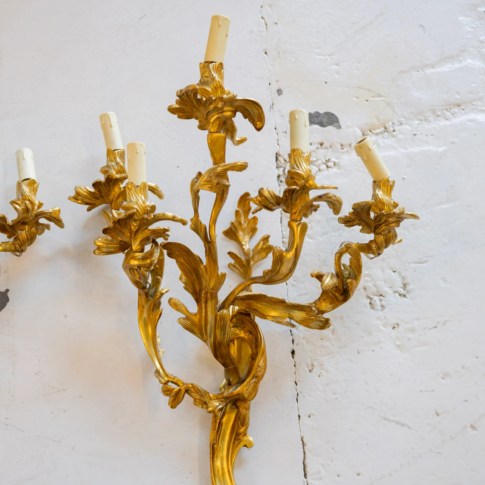 Louis XV Brass Wall Sconces – Five Light Leaf Carved Frame - Image 4