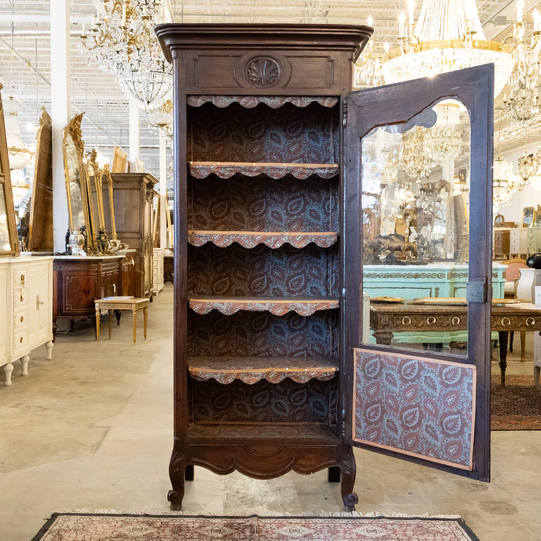 Louis XV Cabinet – Carved Shell & Glass Door with Original Upholstery - Image 6