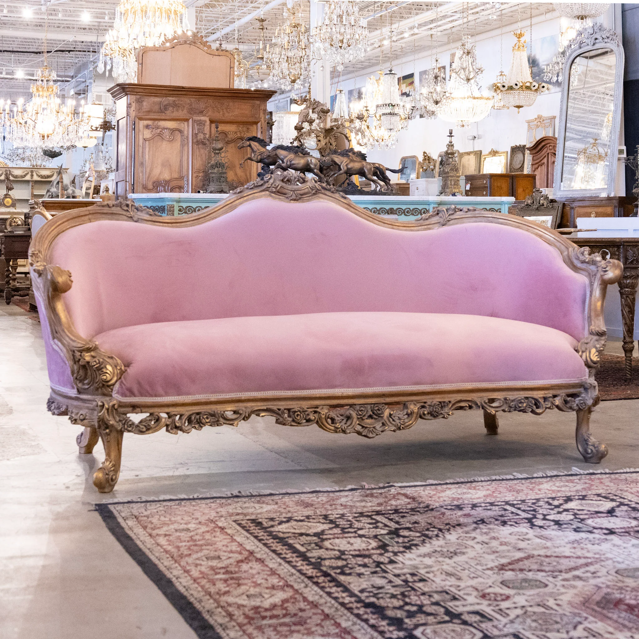 Louis XV Carved Sofa – Dark Gold Frame & Velvet Lavender Upholstery - Image 2