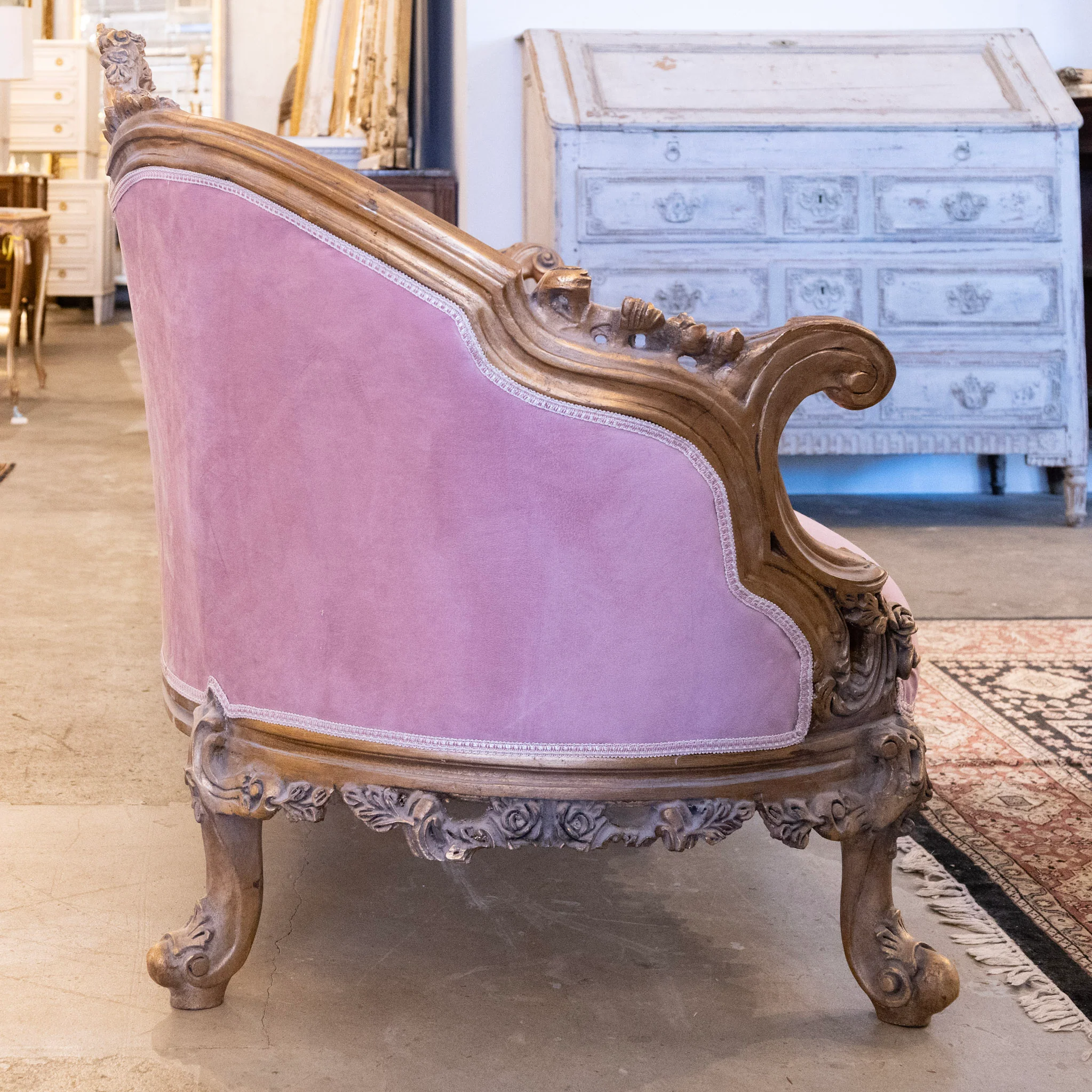 Louis XV Carved Sofa – Dark Gold Frame & Velvet Lavender Upholstery - Image 3