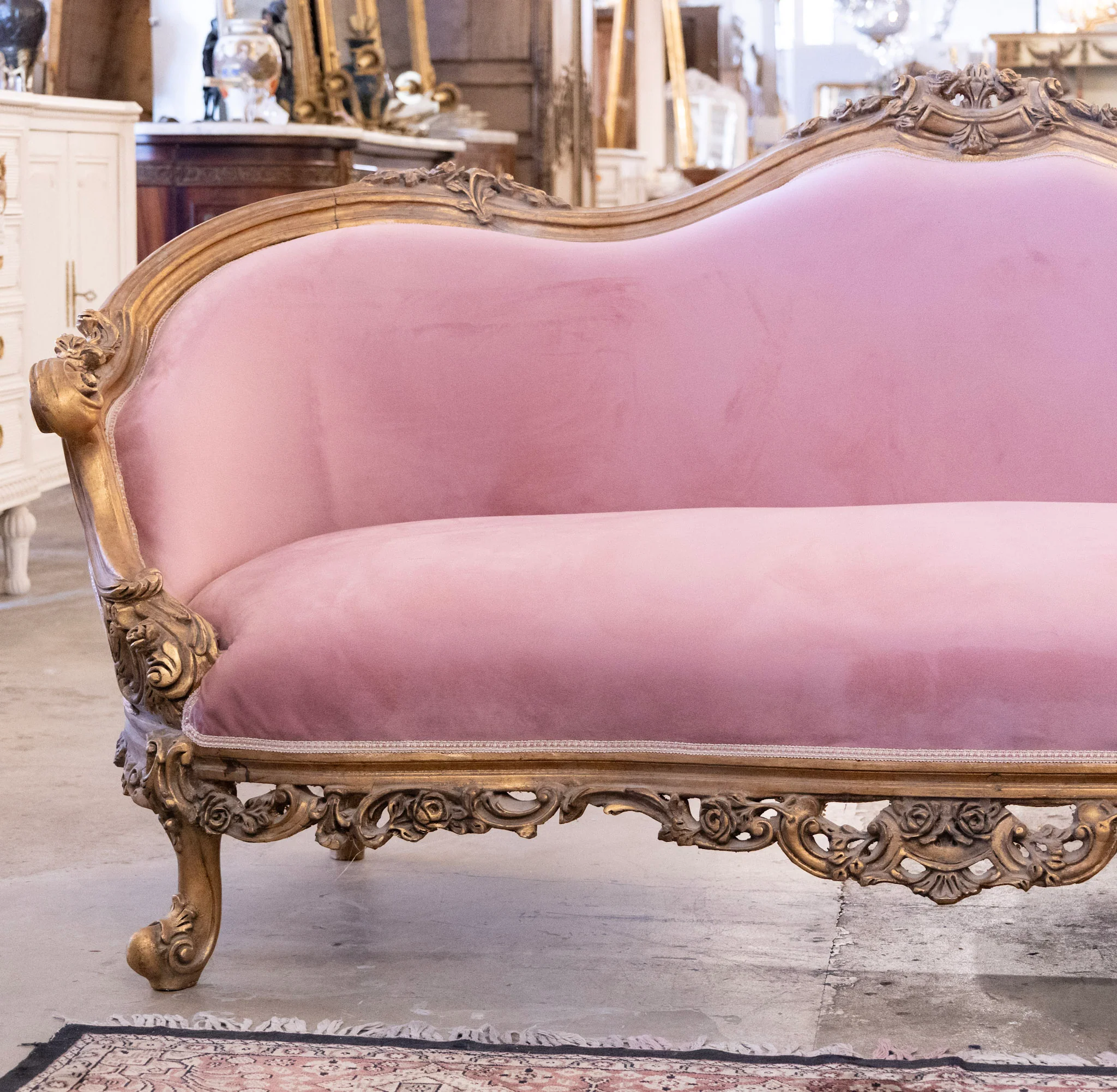 Louis XV Carved Sofa – Dark Gold Frame & Velvet Lavender Upholstery - Image 4