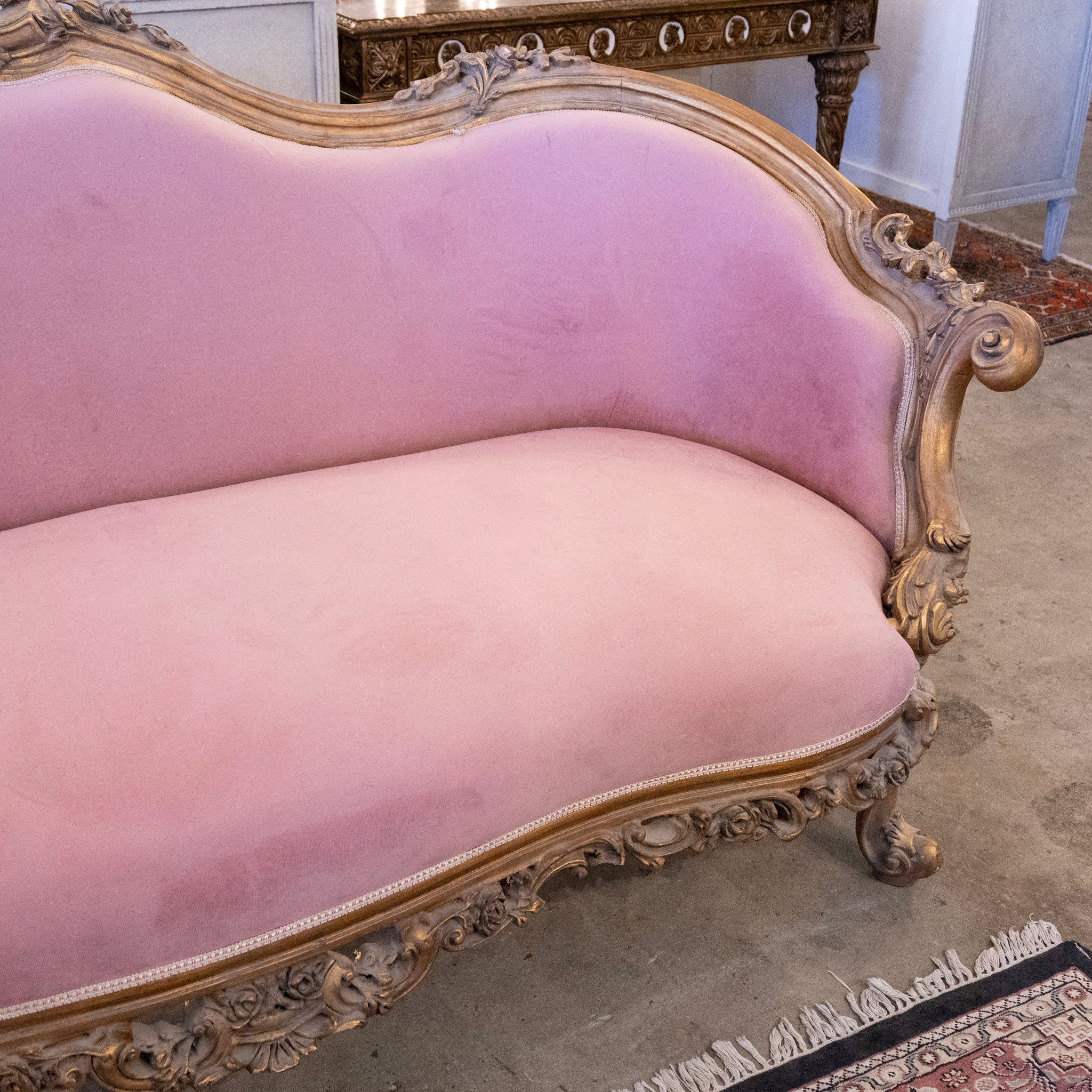 Louis XV Carved Sofa – Dark Gold Frame & Velvet Lavender Upholstery - Image 7