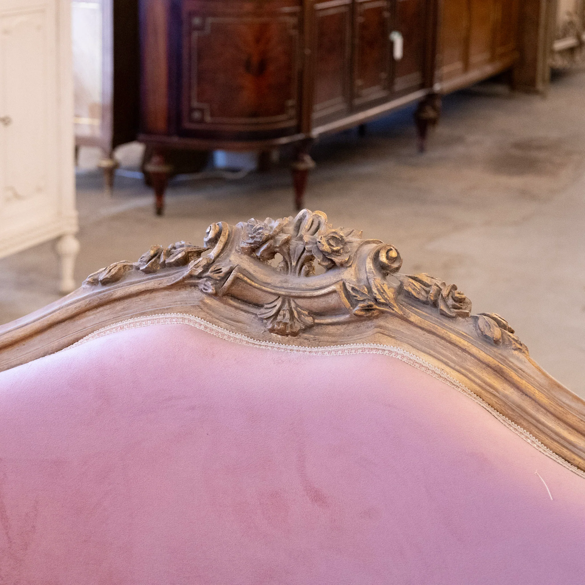 Louis XV Carved Sofa – Dark Gold Frame & Velvet Lavender Upholstery - Image 8