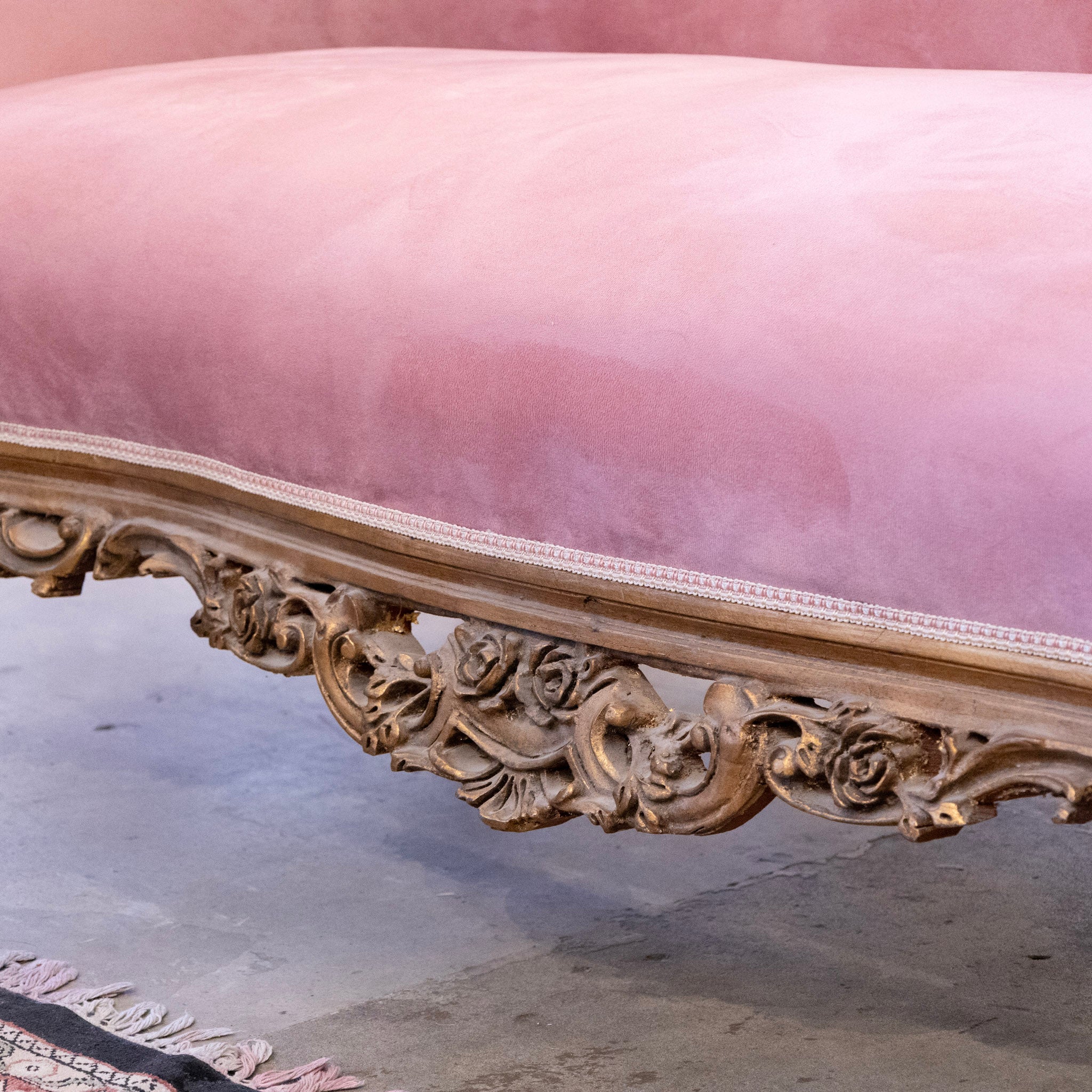 Louis XV Carved Sofa – Dark Gold Frame & Velvet Lavender Upholstery - Image 9