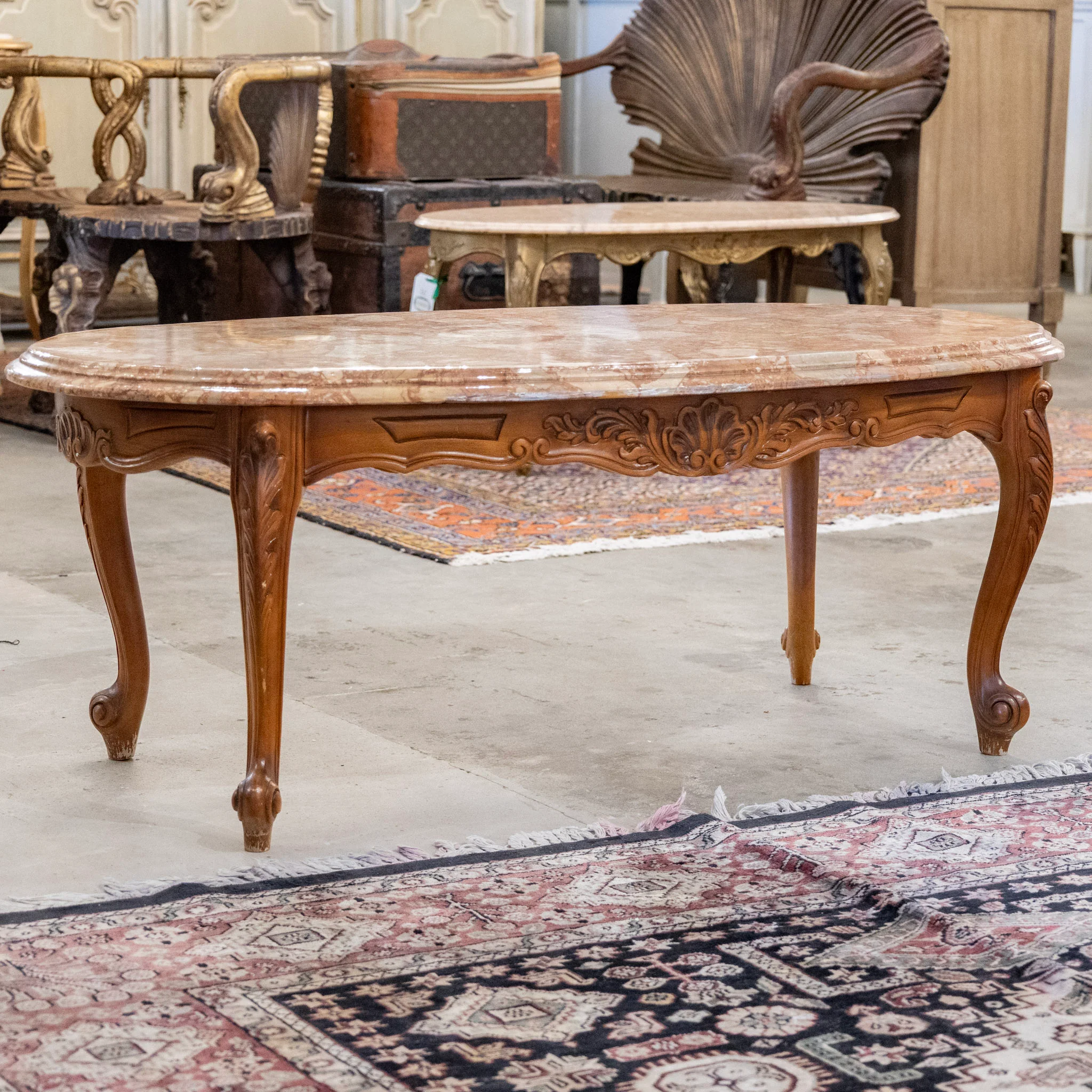 Louis XV Carved Wood Coffee Table –  Red Breccia Marble Top - Image 2