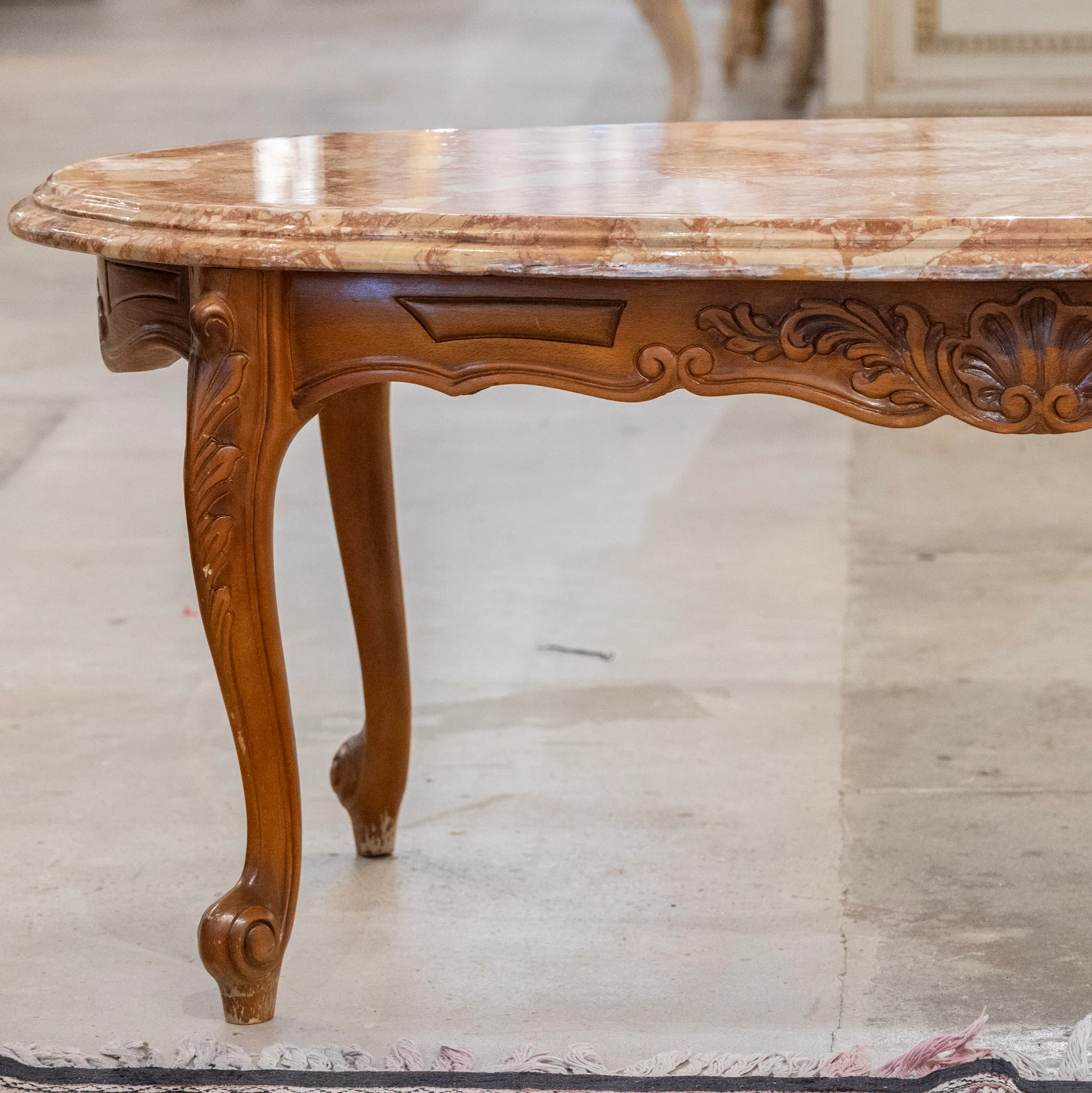 Louis XV Carved Wood Coffee Table –  Red Breccia Marble Top - Image 3